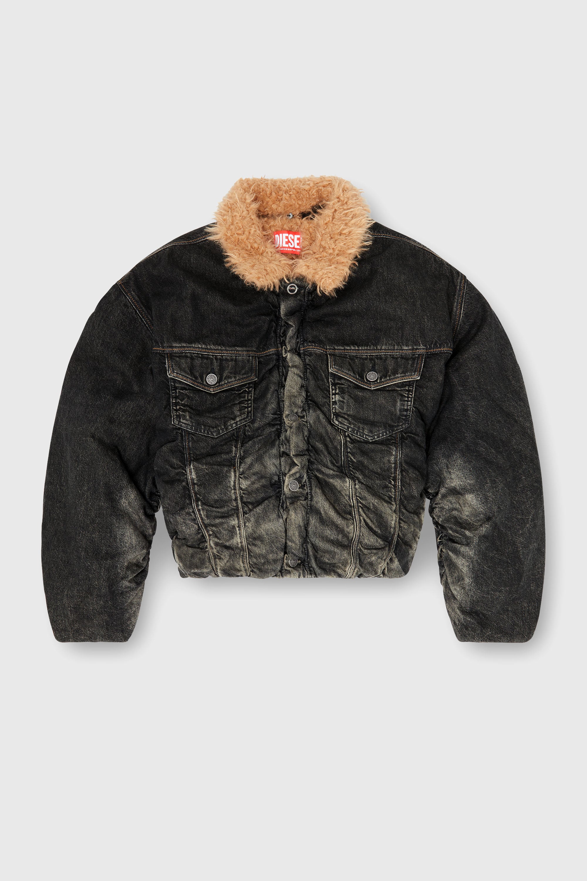 Diesel - D-CURLY-FSJ, Unisex's Teddy-lined trucker jacket in dirty-effect denim in Black/Dark grey - 2