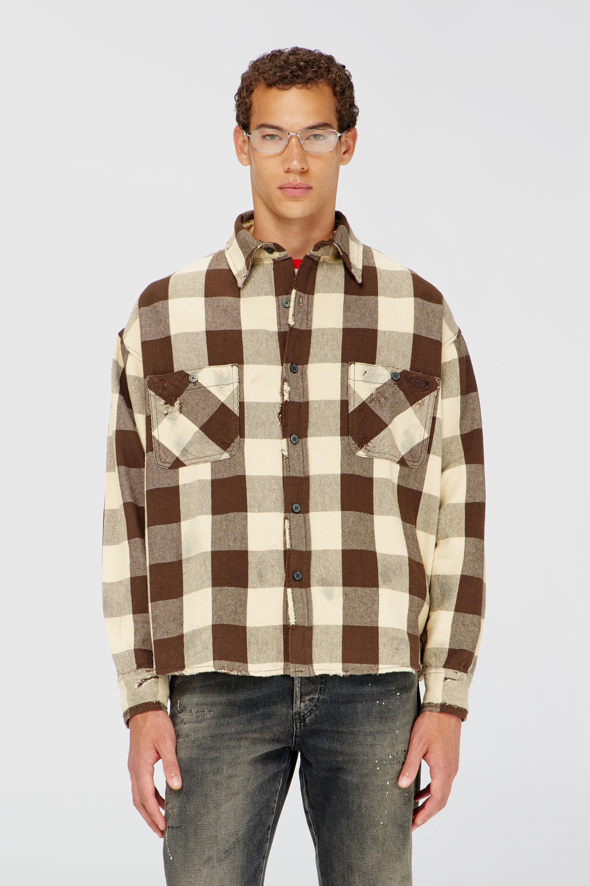 Diesel - S-DRUM, Man's Check flannel shirt with distressed effect in Beige/Brown - 3