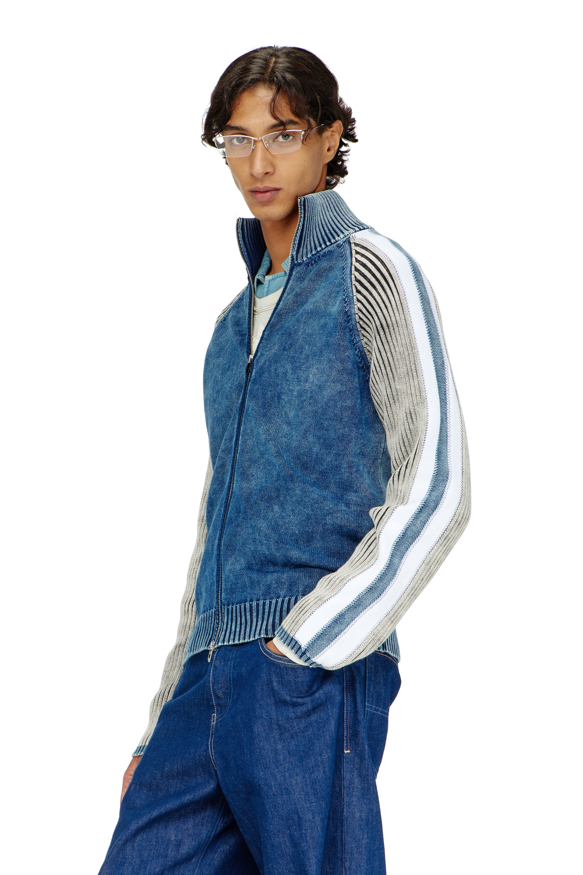 Diesel - K-HERONIMO, Man's Zip-up cardigan with sporty bands in Blue/Grey - 1