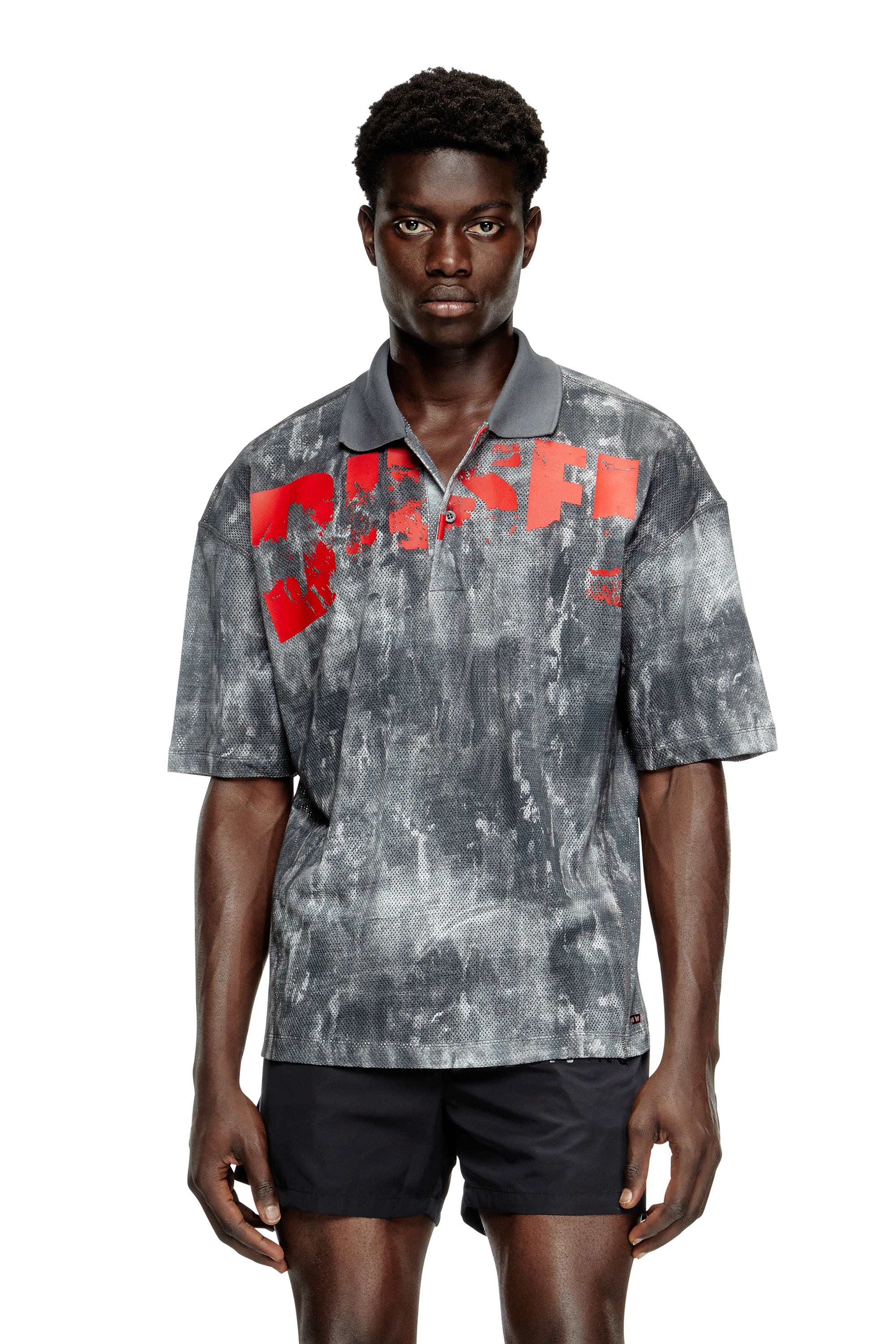 Diesel - TIMOTHEE-D-POP, Man's Beach polo shirt in printed mesh in Black/Red - 1