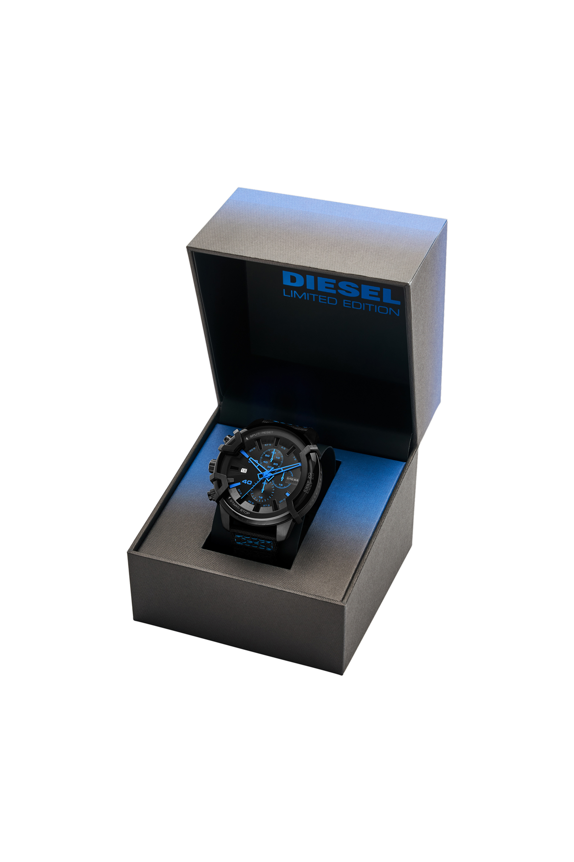 Diesel - DZ4553, Man's Griffed chronograph matte black nylon watch in Black/Blue - 4