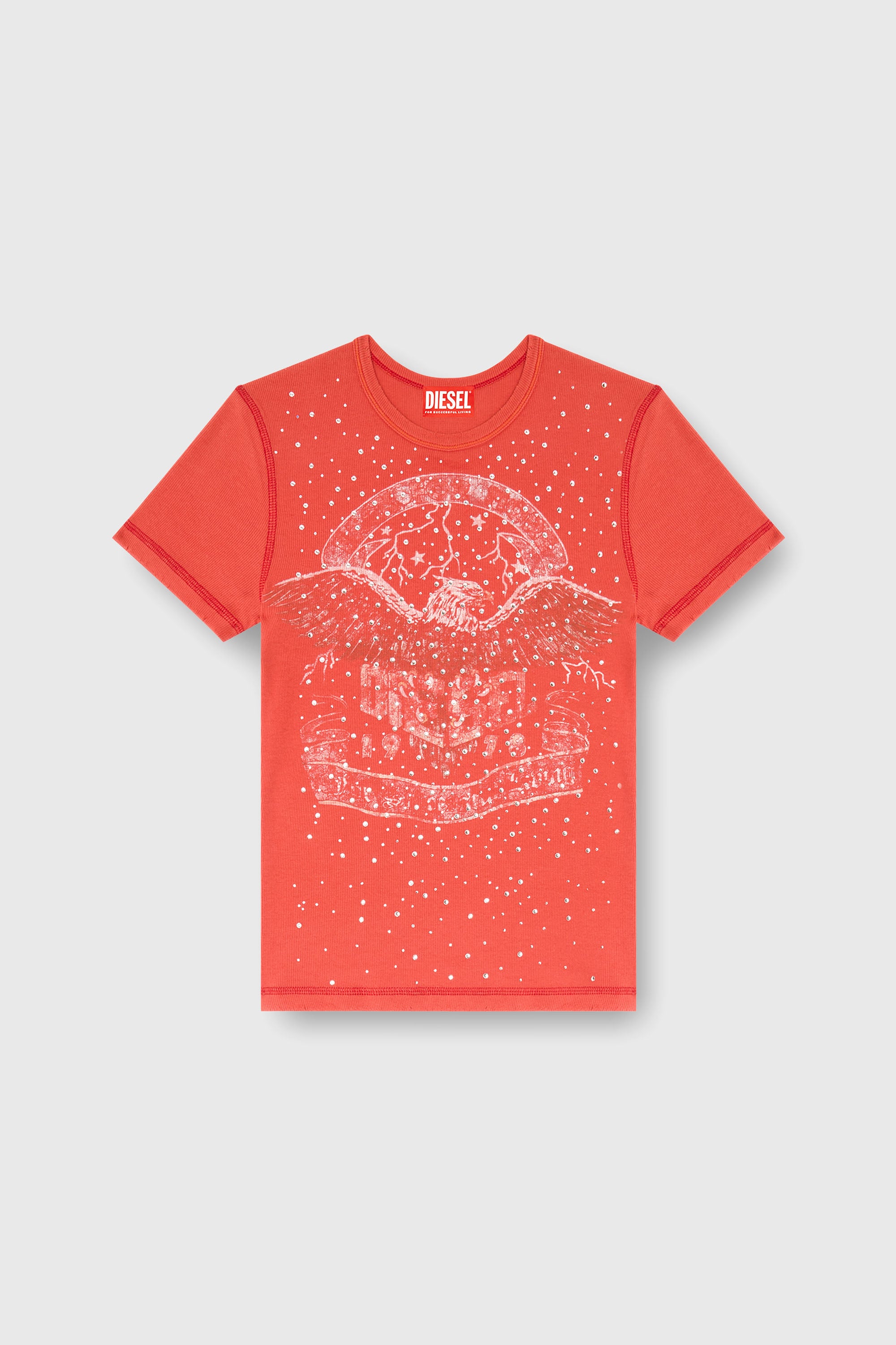 Diesel - T-MARSY-RIB-CRY, Woman's T-shirt with concert graphics and crystals in Red - 2