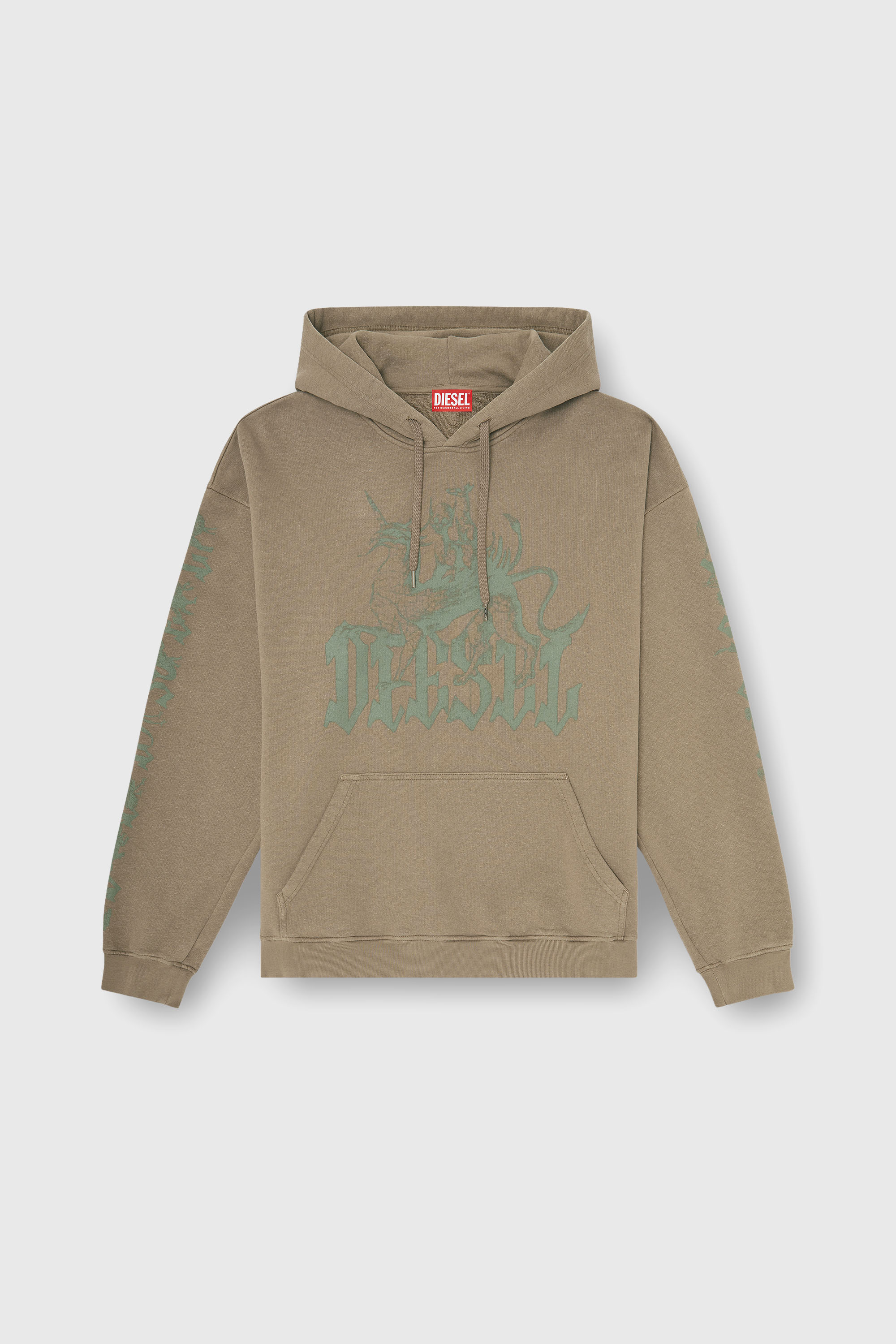 Diesel - S-GRIFFON, Man's Treated hoodie with griffin print in Light Brown - 2
