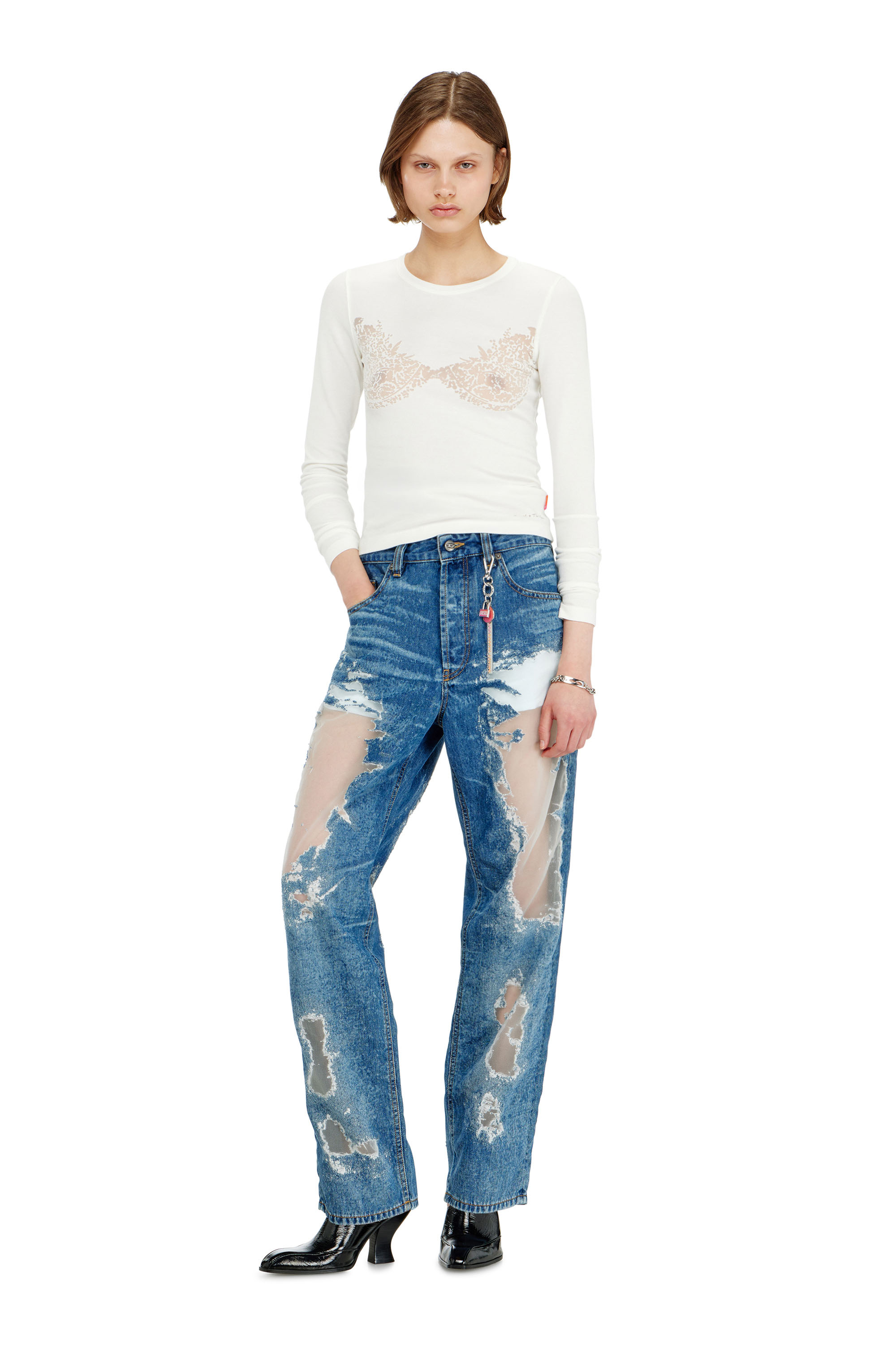 Diesel - PR-T-MOKKI-LS-R, Woman's Top with devor&eacute; lace effect in White - 1