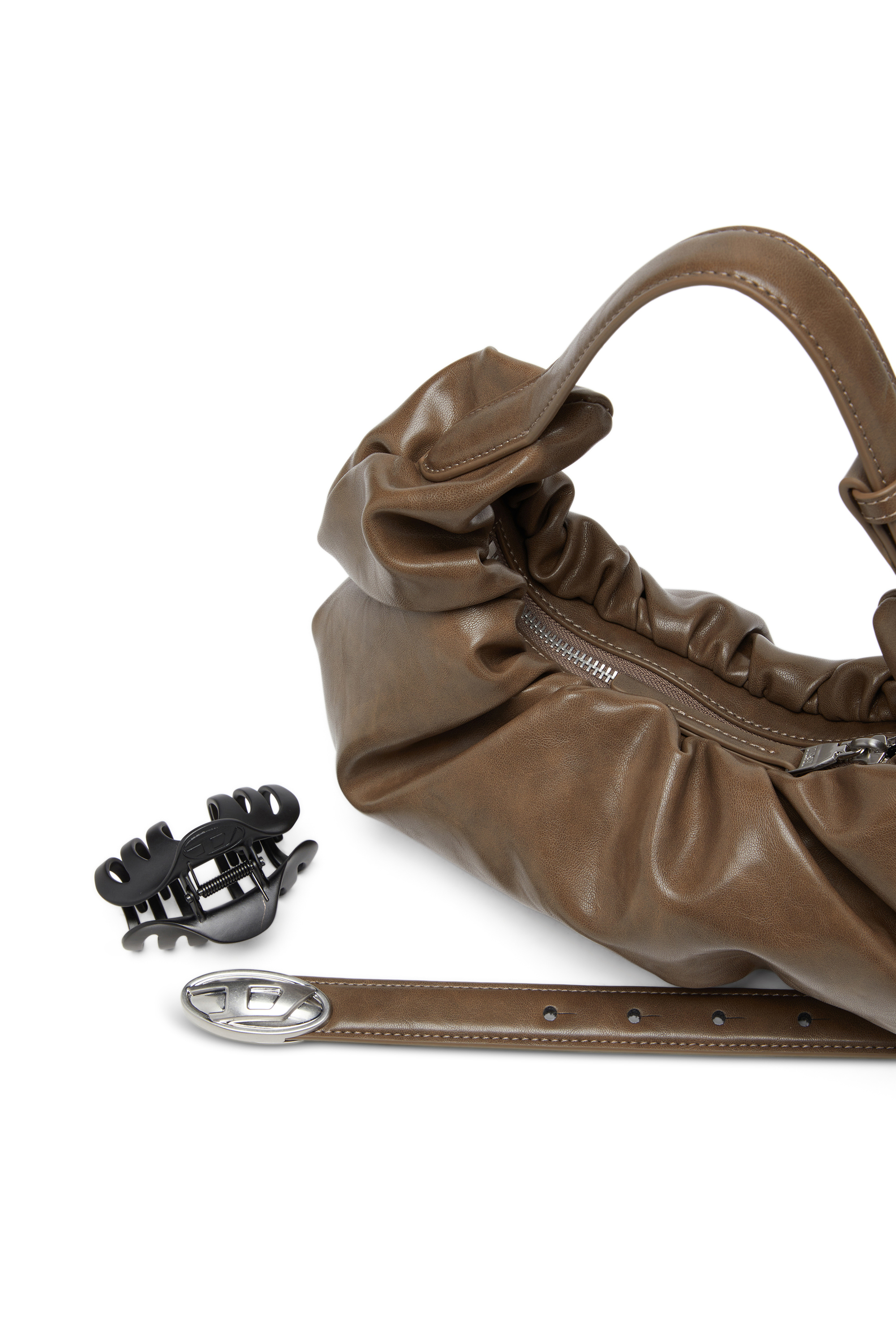 Diesel - GRAB-D HOBO S, Woman's Grab-D S-Small scrunched hobo bag in shiny PU in Brown - 5