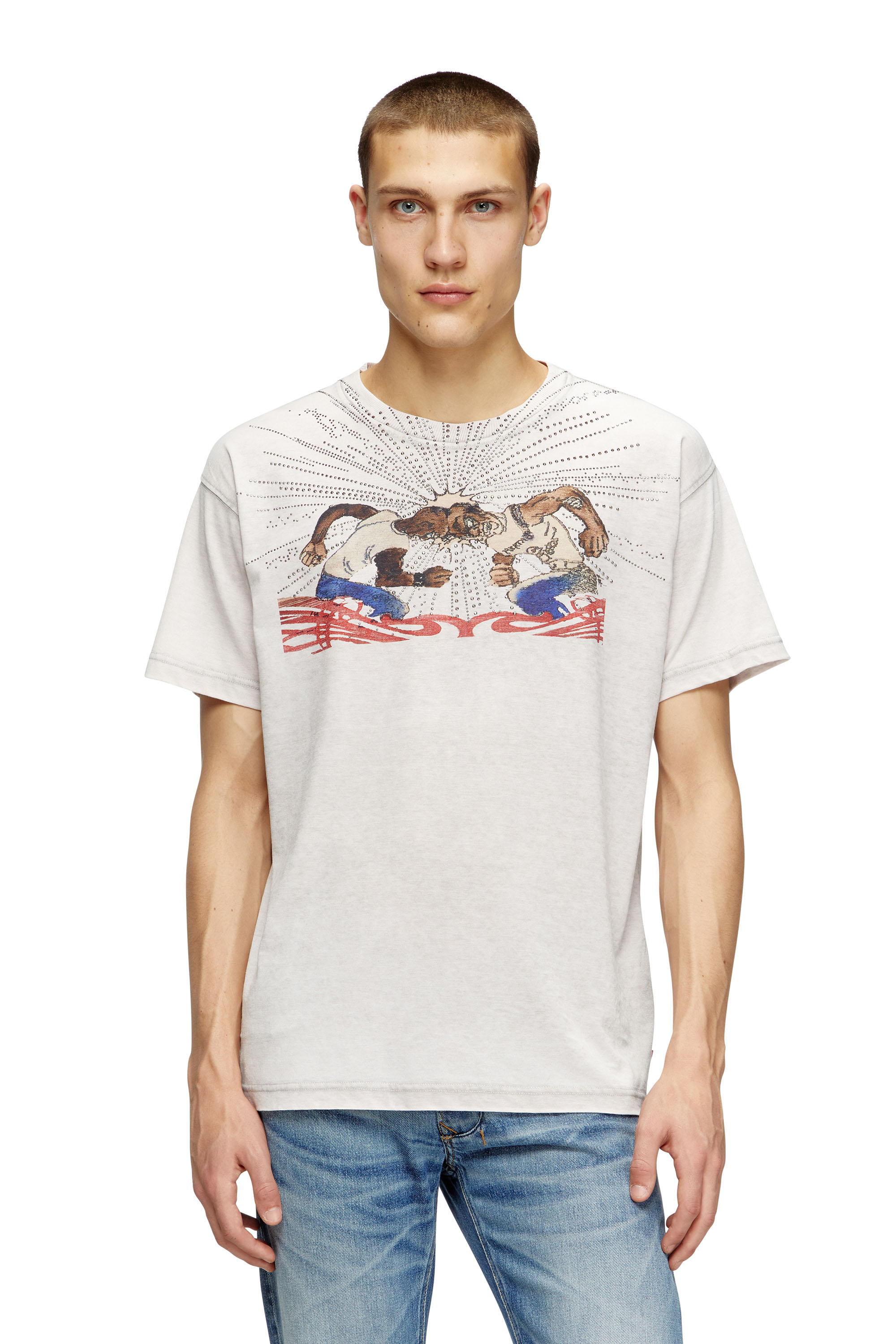 Diesel - T-NORM-T15, Man's T-shirt with rhinestone graphic in Light Grey - 1