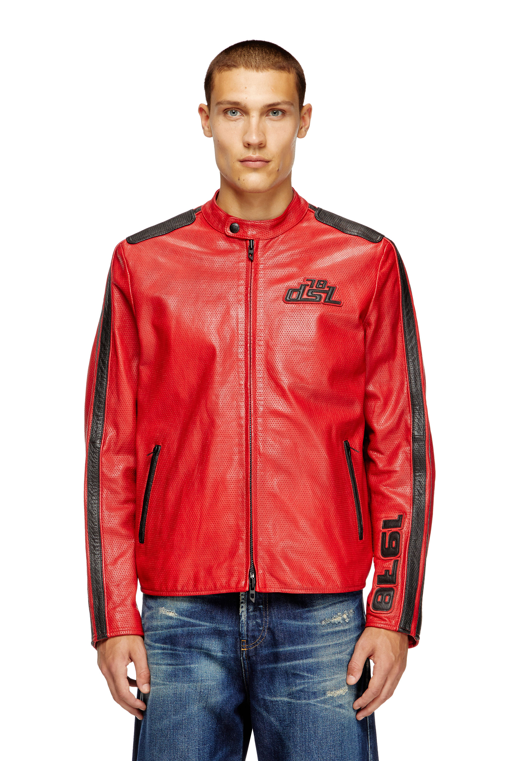 Diesel - L-POP, Unisex's Biker jacket in perforated leather in Red - 1