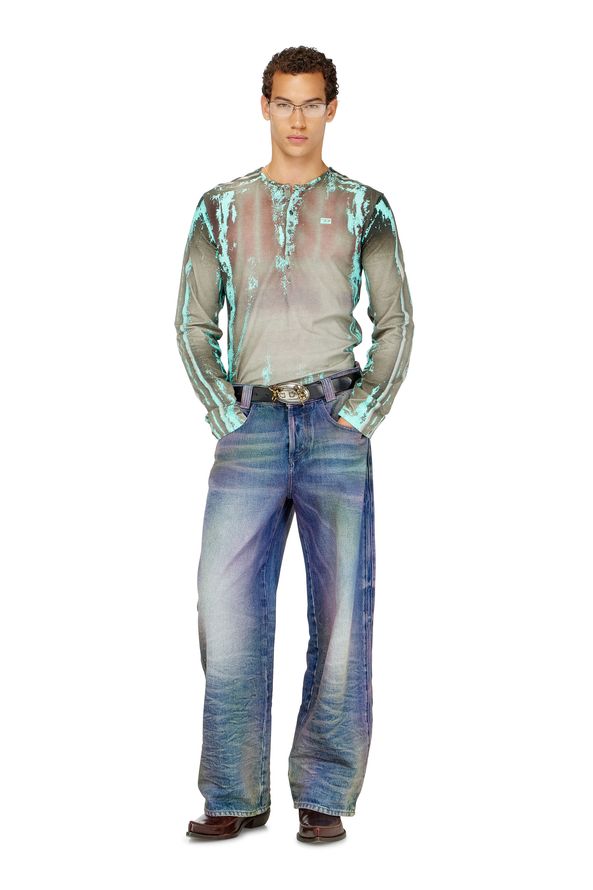 Diesel - T-FYNO-ML, Man's Grandad T-shirt in cracked leather-effect jersey in null - 1