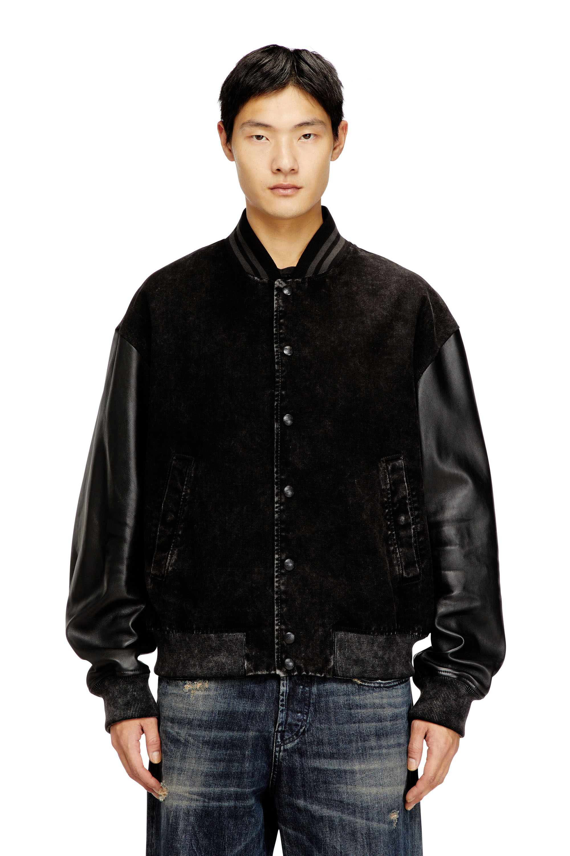 Diesel - L-NYN, Man's Denim and leather bomber jacket in Black - 1