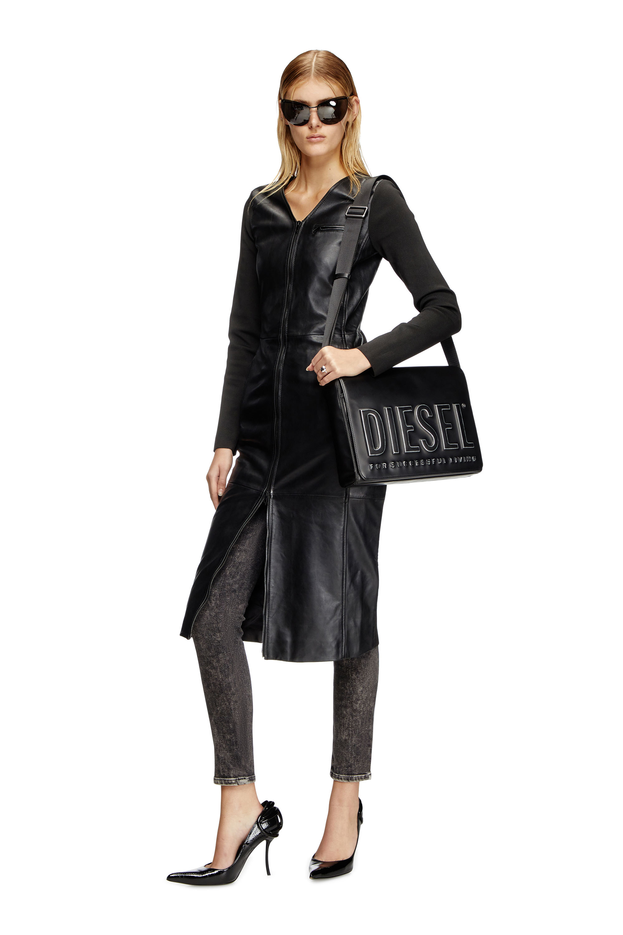 Diesel - L-OLA, Woman's Dress in leather and stretch knit in Black - 2