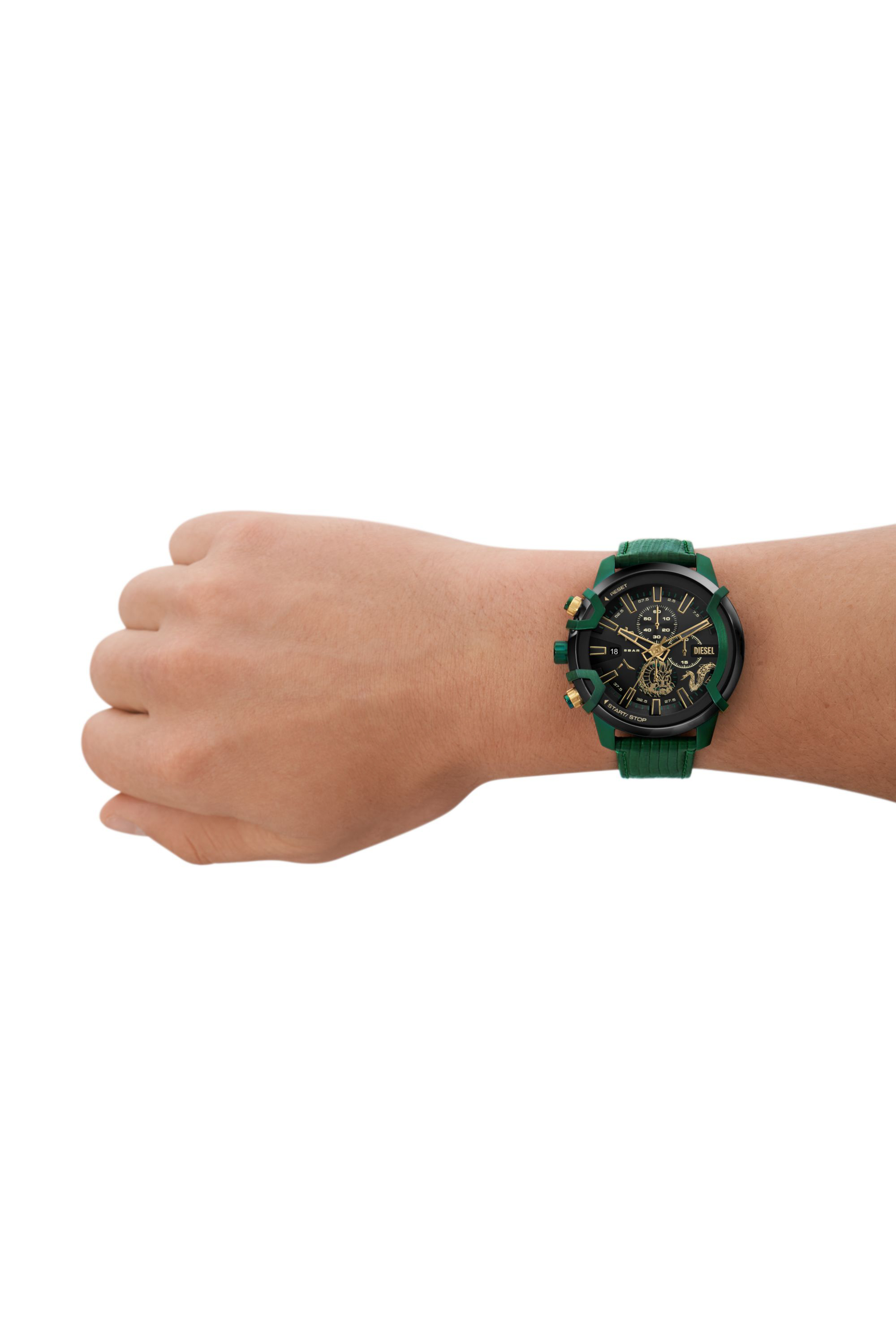 Diesel - DZ4651, Man's Griffed chronograph green leather watch in Green - 4