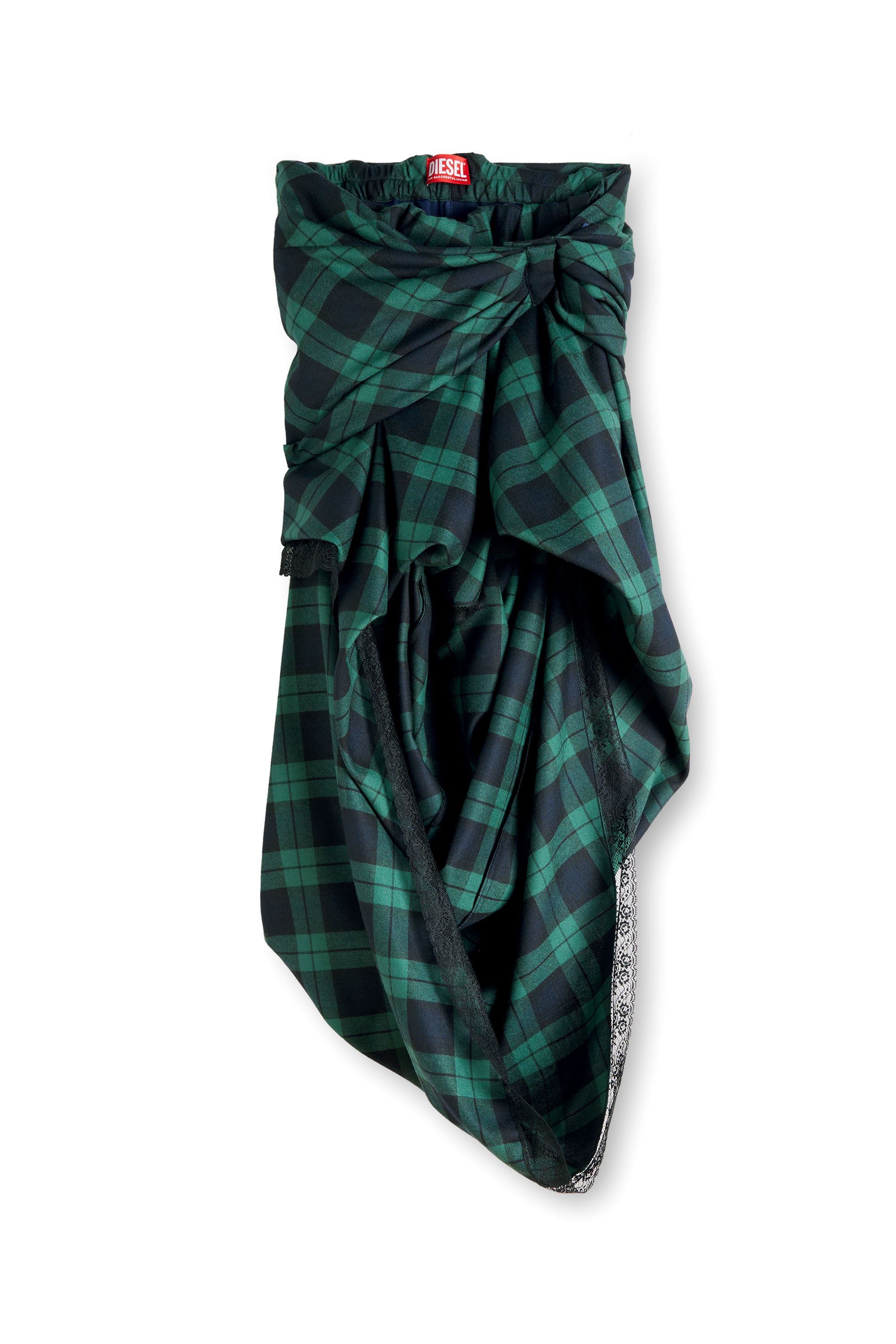 Diesel - O-WINNY, Woman's Draped tartan midi skirt with lace trim in Green/Blue - 2