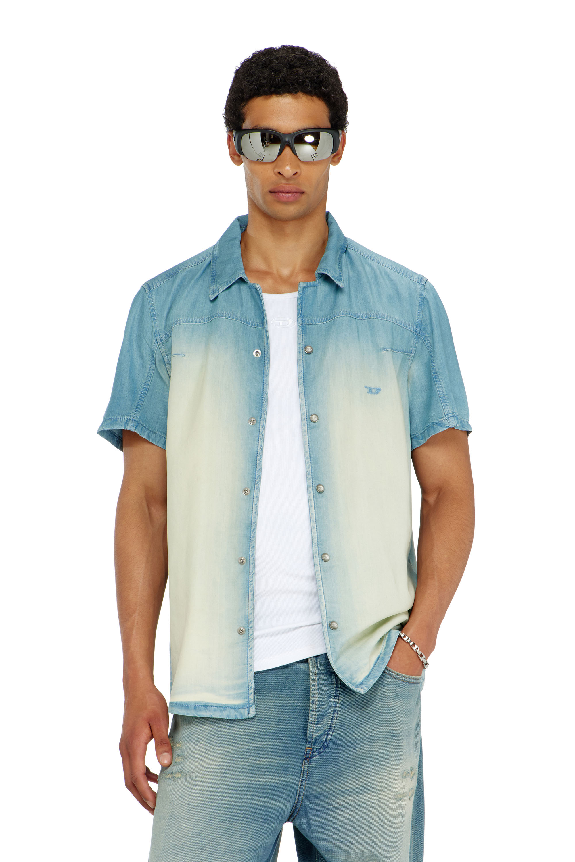Diesel - D-CLARIVO-S, Man's Short-sleeve shirt in fluid overdyed denim in null - 1