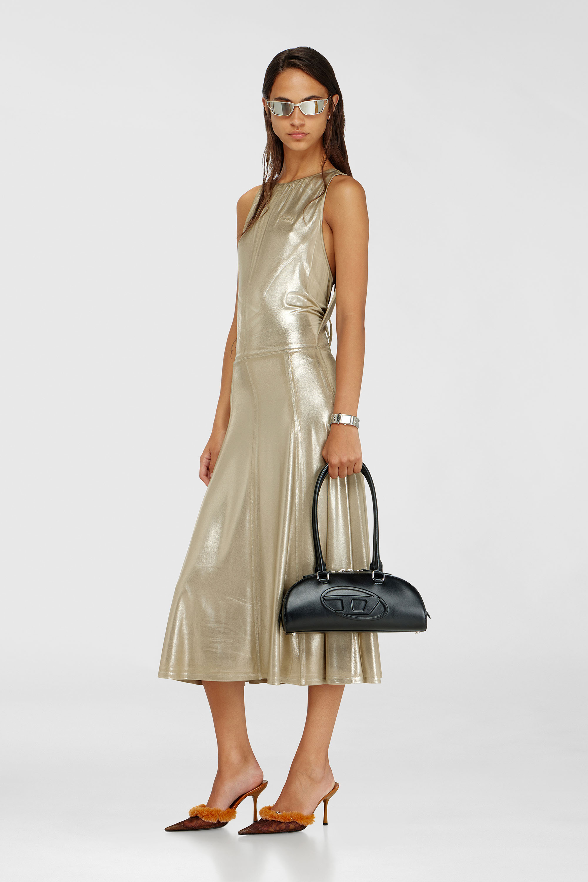 Diesel - D-DYVYNY, Woman's Fluid metallic midi dress with open back in Gold - 1