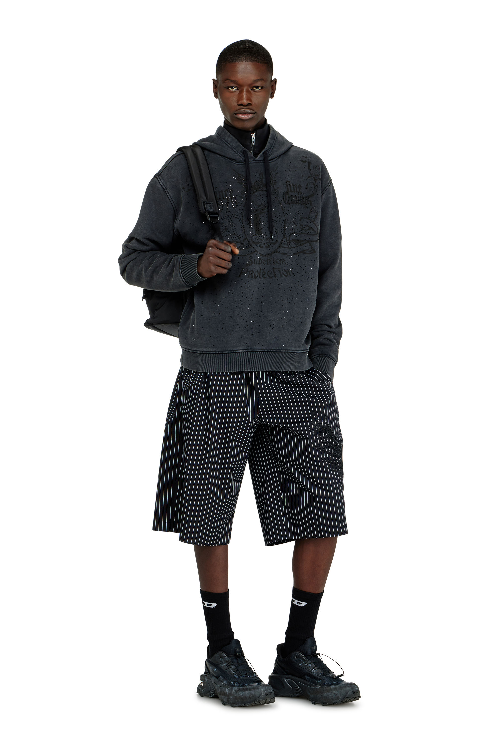 Diesel - S-NORM-HOOD-AA3, Man's Printed hoodie with rhinestone studs in Dark grey - 1