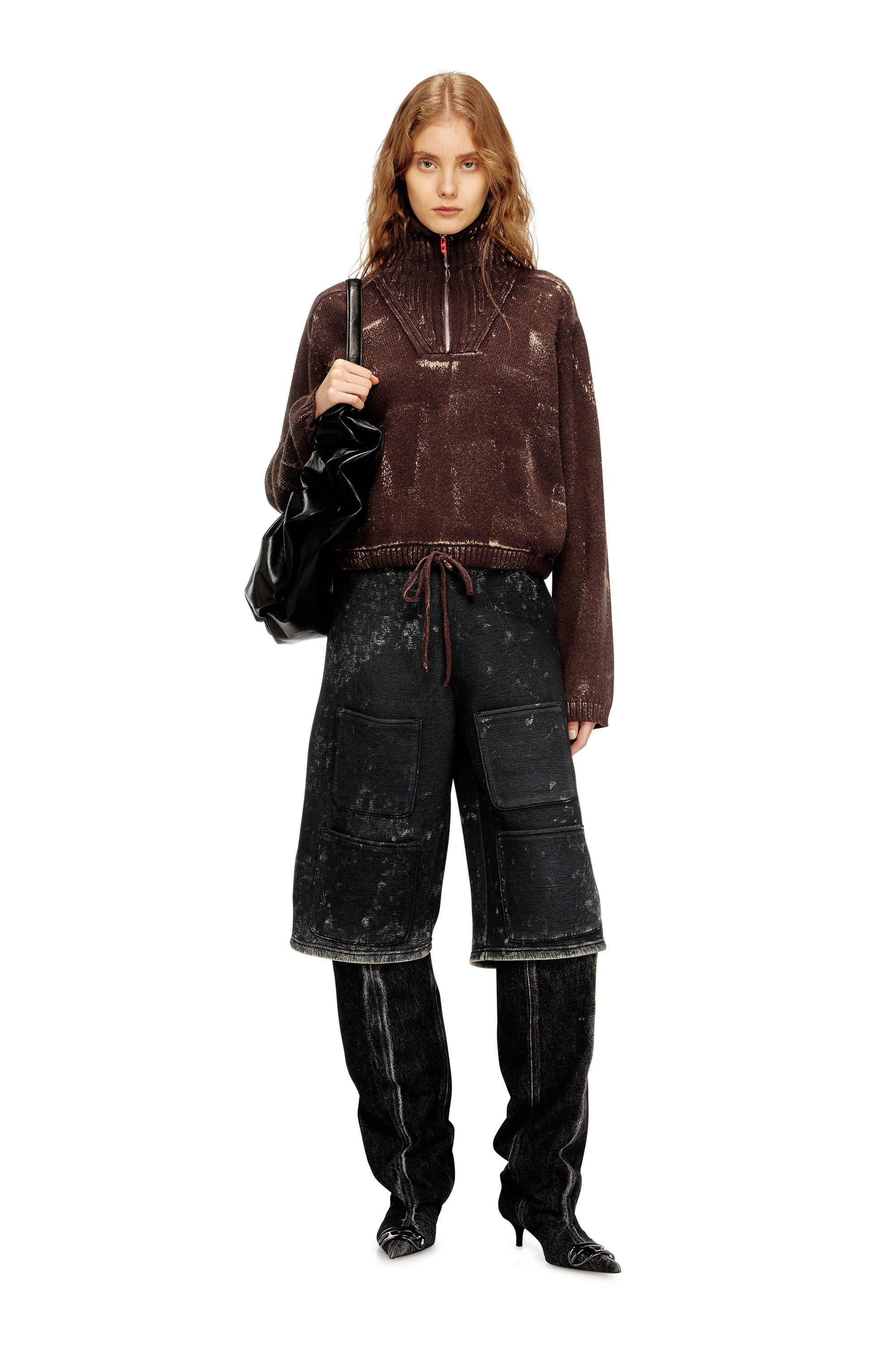 Diesel - M-MARCELLETTE, Woman's Half-zip jumper with distressed effect in Brown - 2