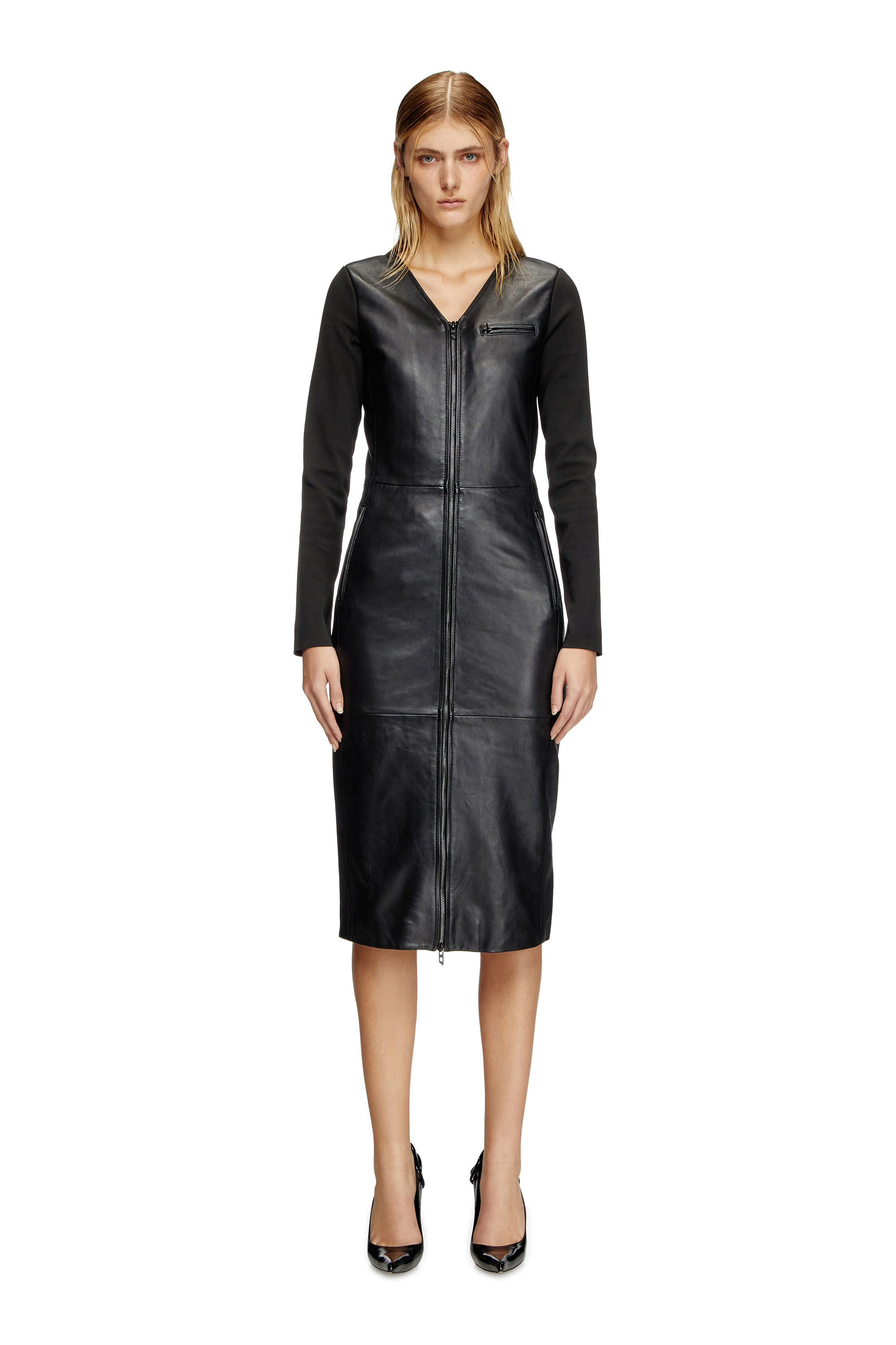 Diesel - L-OLA, Woman's Dress in leather and stretch knit in Black - 1