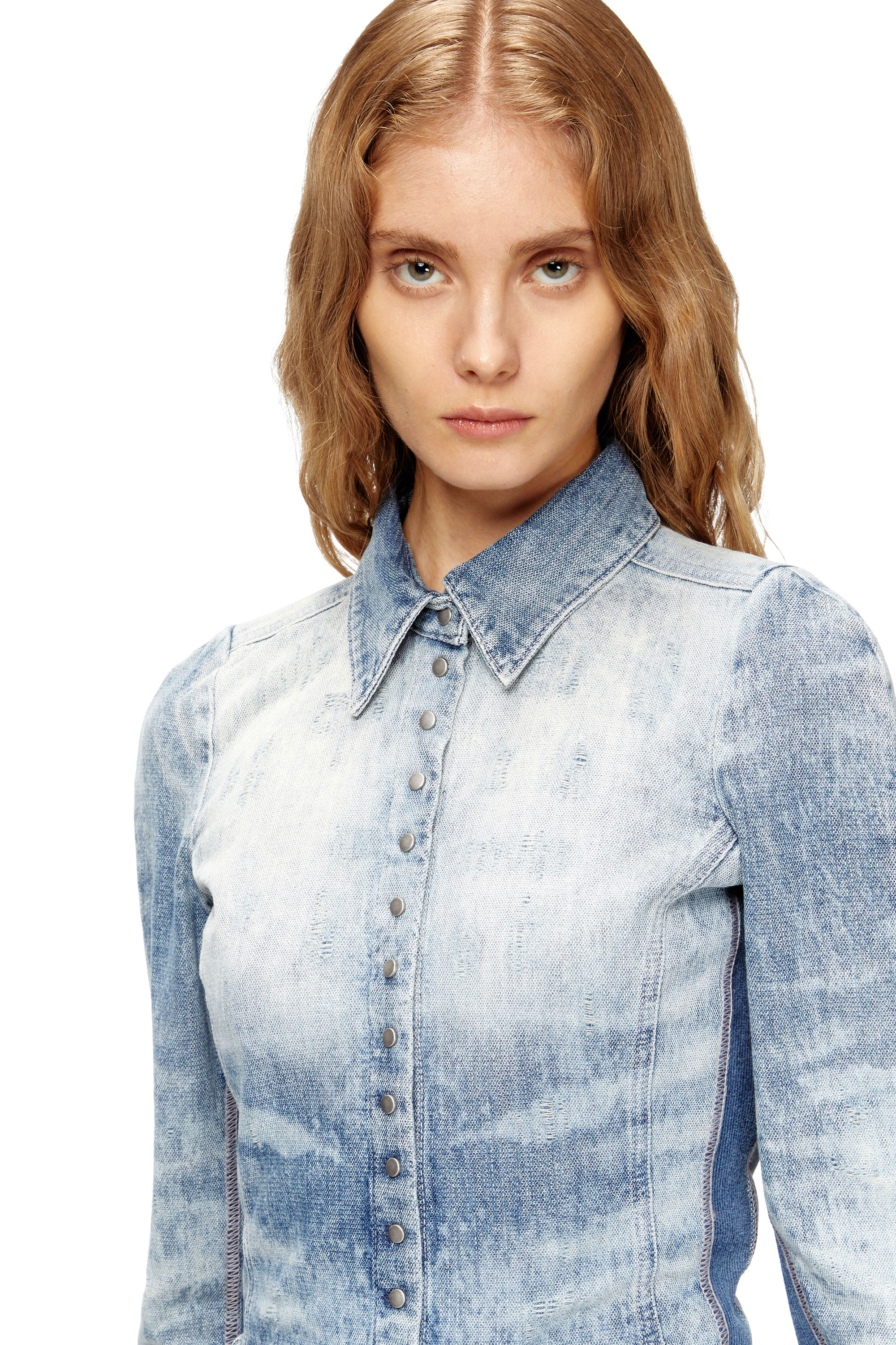 Diesel - DE-MASLY-FSH, Woman's Shirt in distressed honeycomb denim in Light Blue - 5