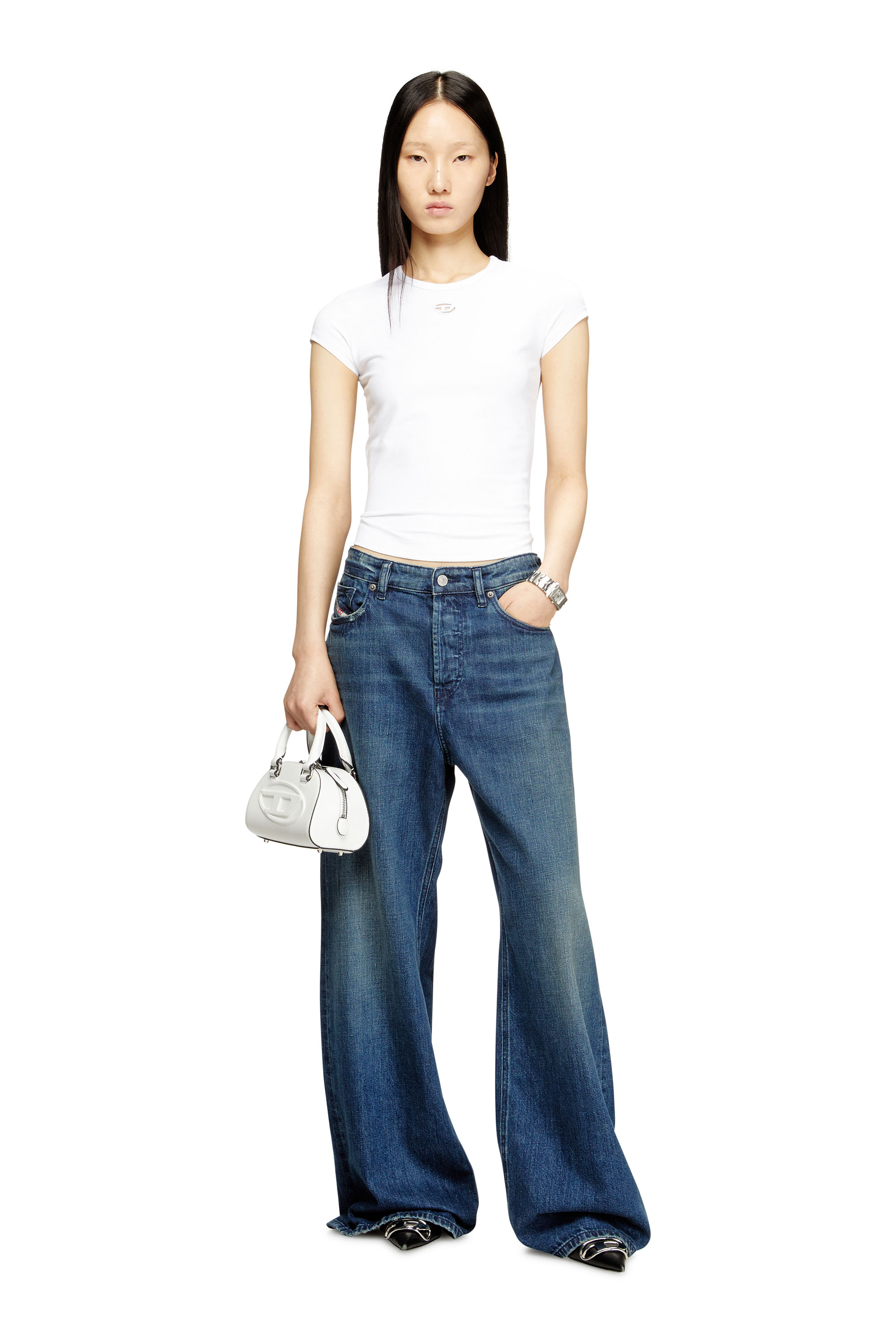 Diesel - T-ANGIE-OD, Woman's T-shirt with cut-out embroidered logo in White - 1