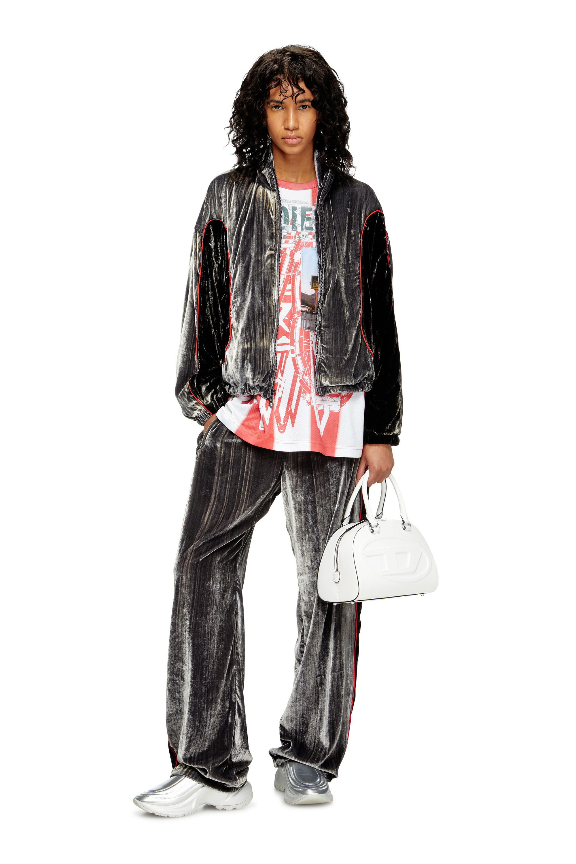 Diesel - G-RIFFIN, Woman's Track jacket in treated velvet in Dark grey - 1