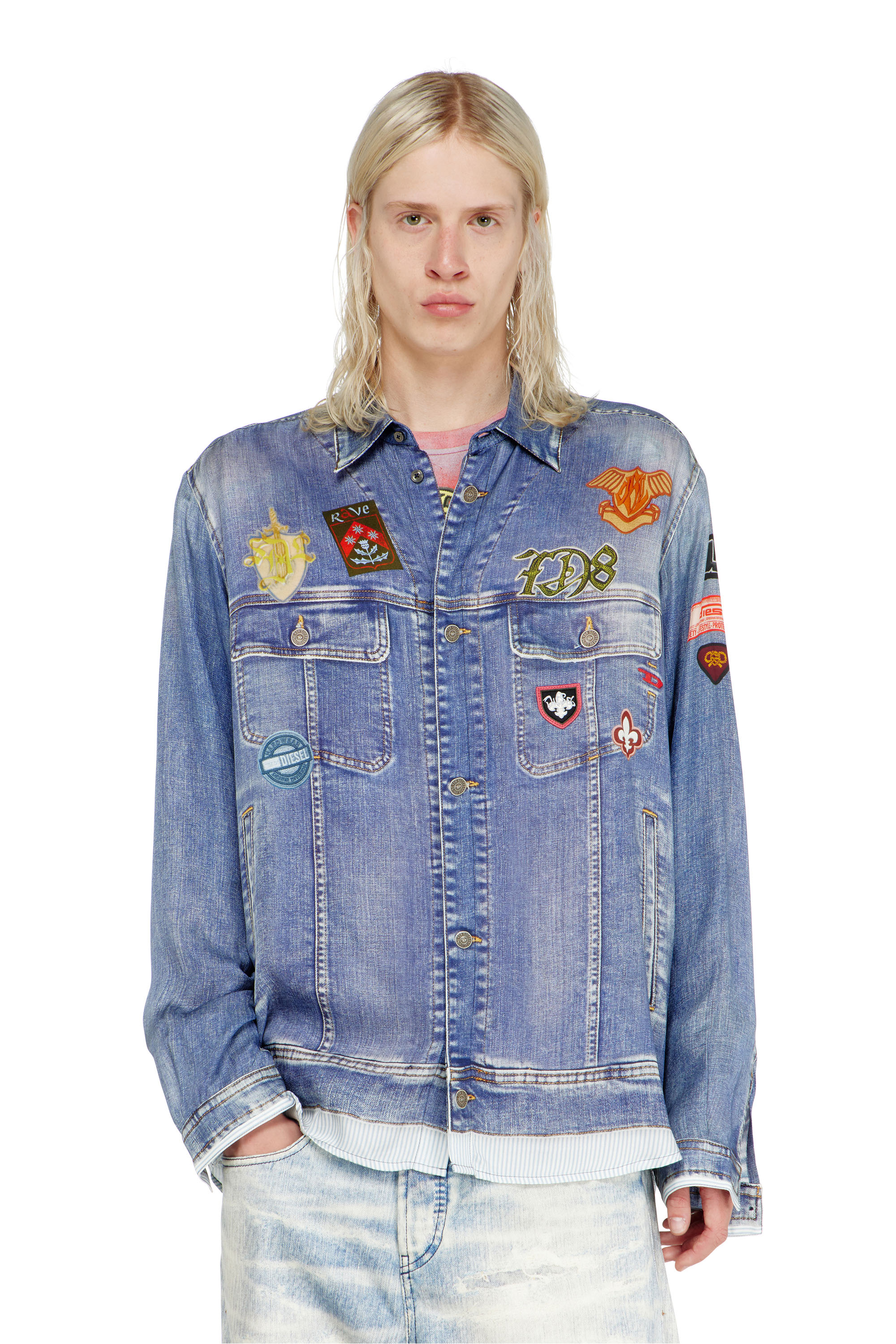 Diesel - S-SIMPLY-PATCH, Man's Satin shirt with trompe-l'oeil denim print in null - 1