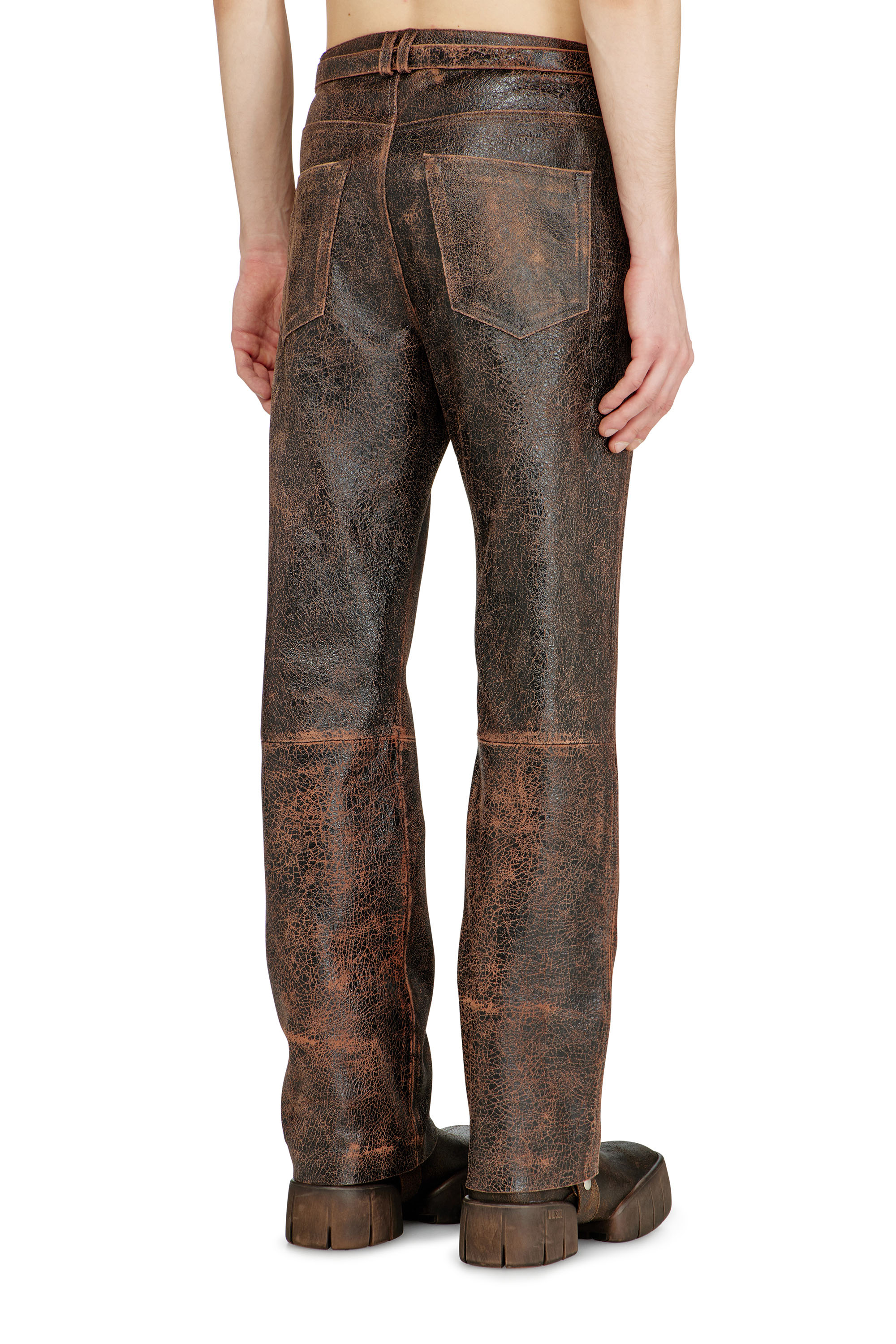 Diesel - P-NURI, Man's Cracked-leather pants with biker strap detail in Brown - 4