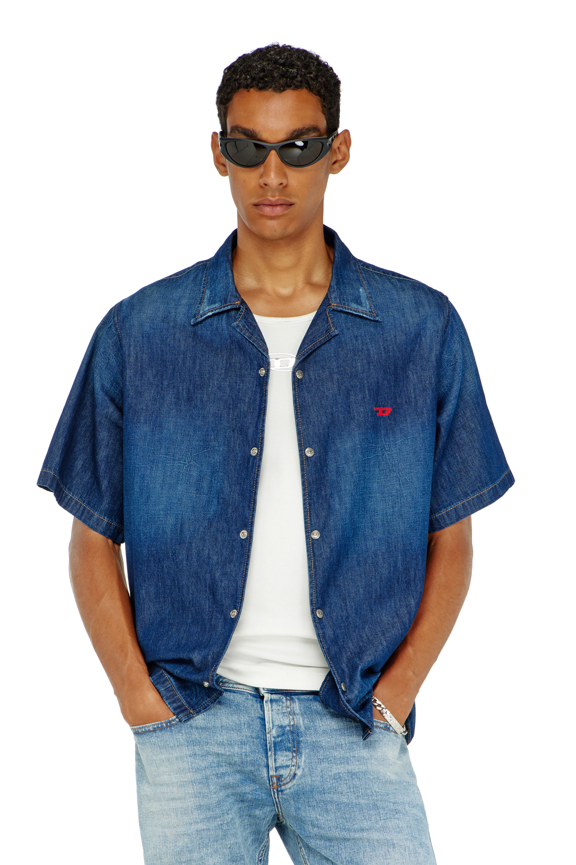 Diesel - D-NABIL-D, Man's Denim short-sleeve shirt in Medium blue - 1