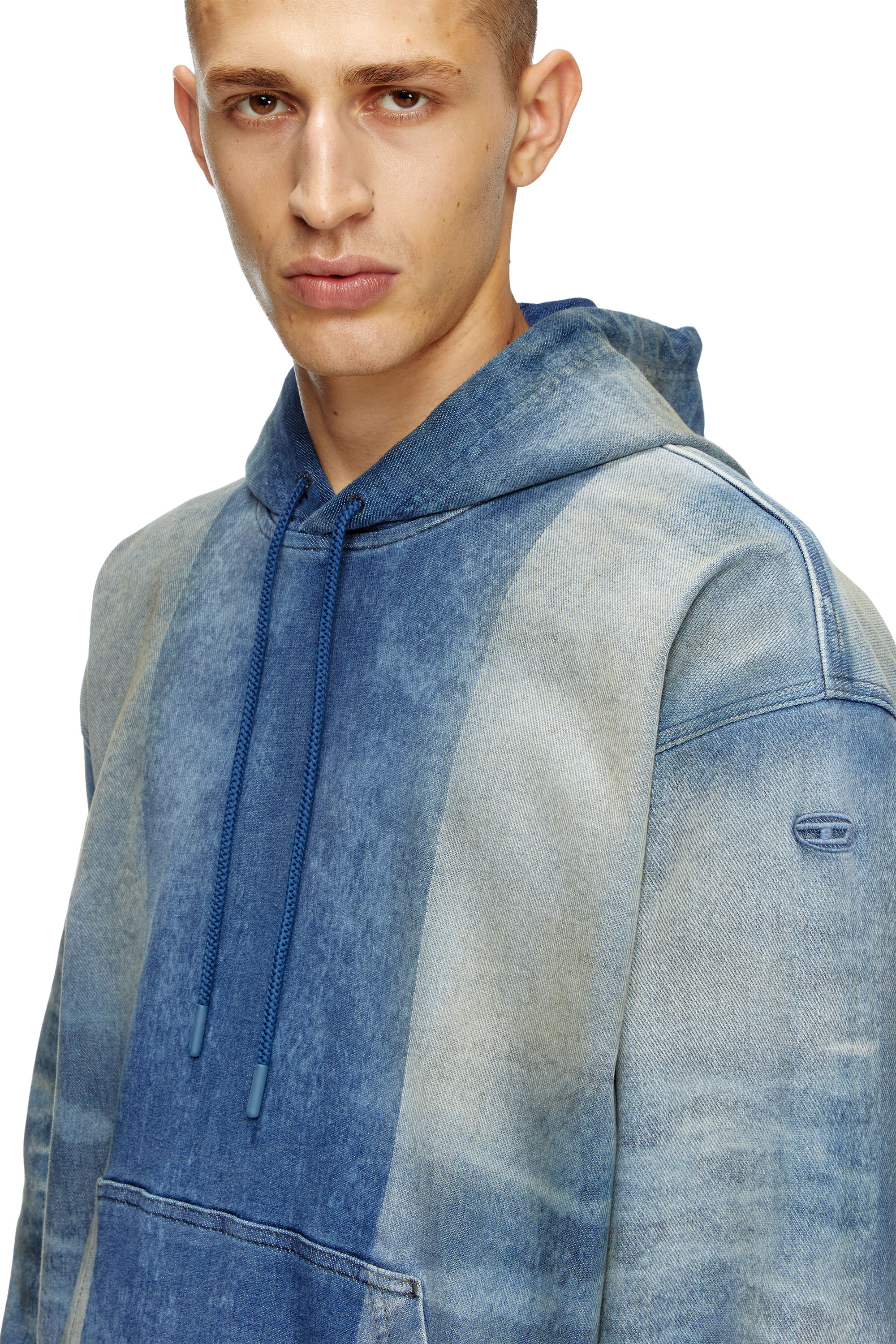 Diesel - D-UM-RIB-FSF TRACK, Unisex's Hoodie in Track Denim with solarised folds in Medium blue - 4