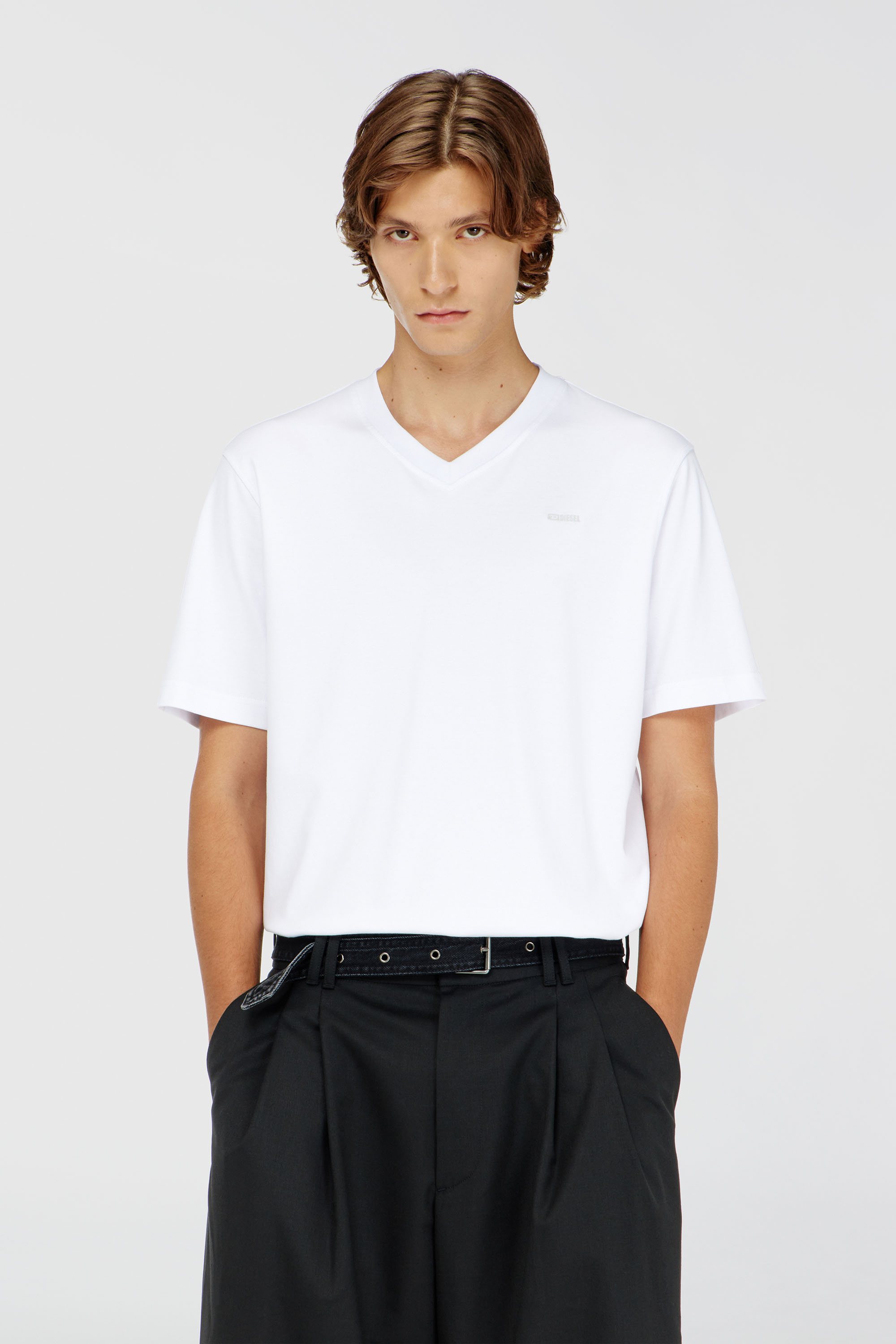 Diesel - T-ADJUST-V-MICRODIV, Man's V-neck T-shirt with micro logo embroidery in White - 1