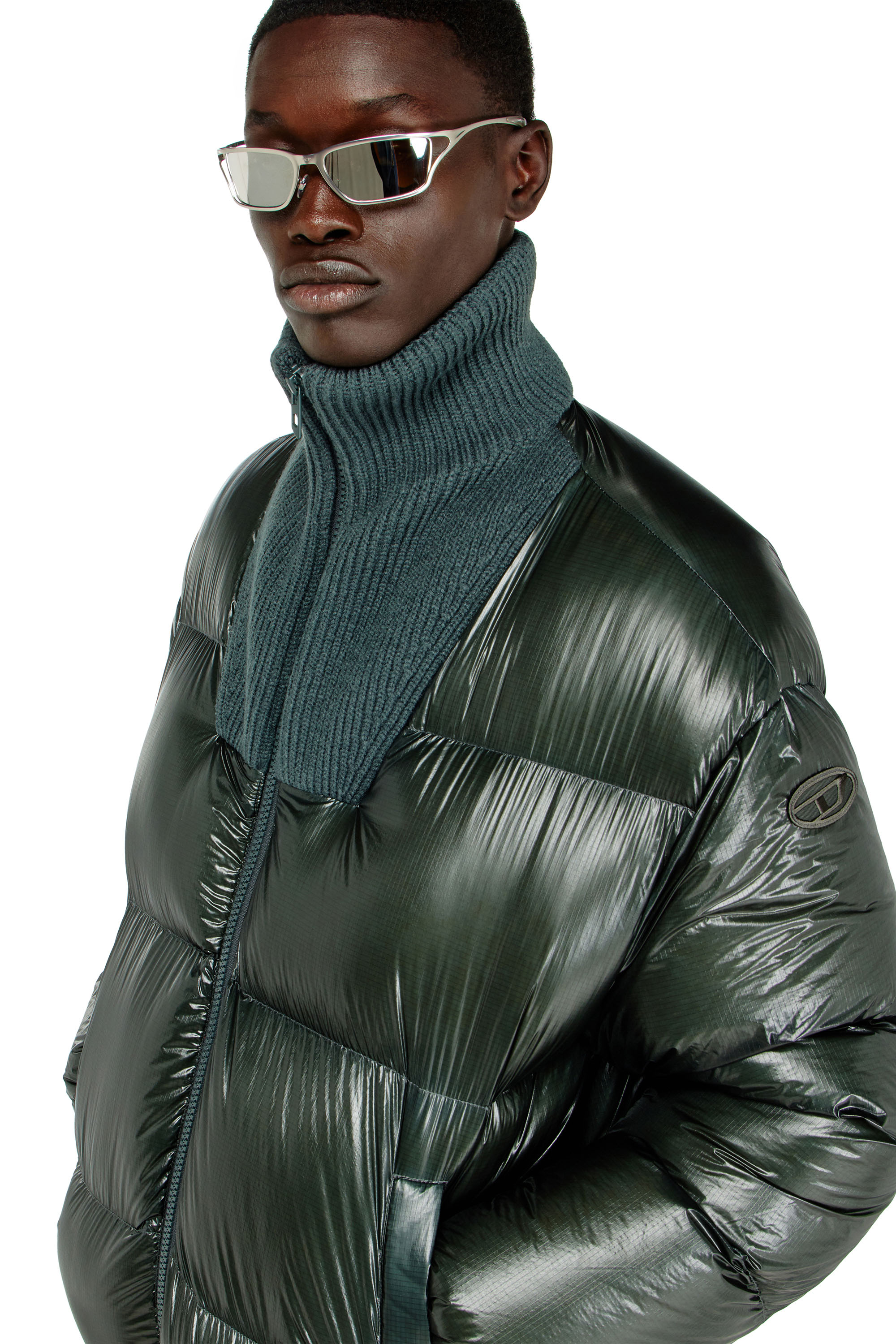 Diesel - W-RIBB, Man's Down puffer jacket in ripstop with ribbed collar in Dark Green - 5