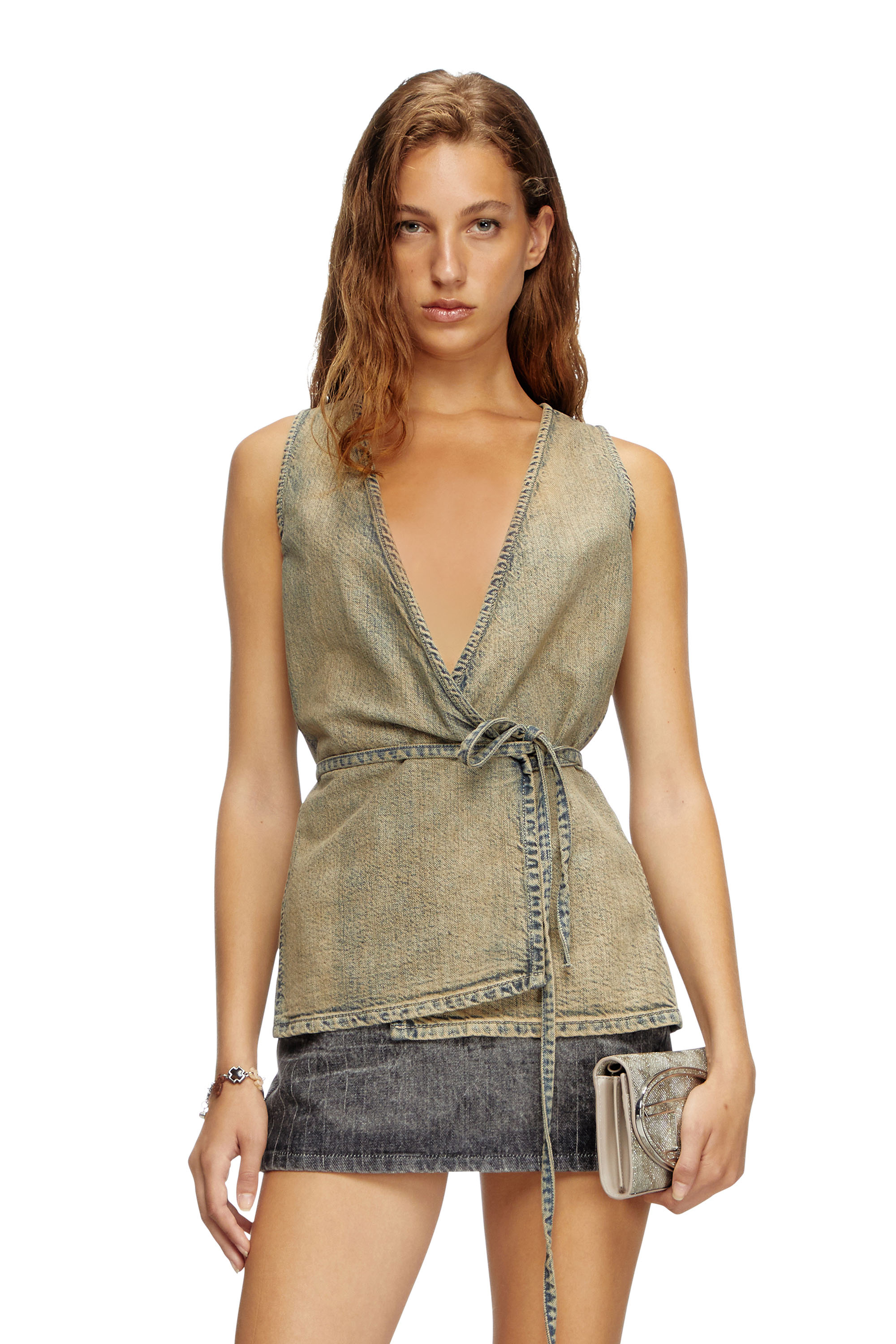 Diesel - DE-VERN, Woman's Wrap top in gold-brush denim in Medium blue - 3