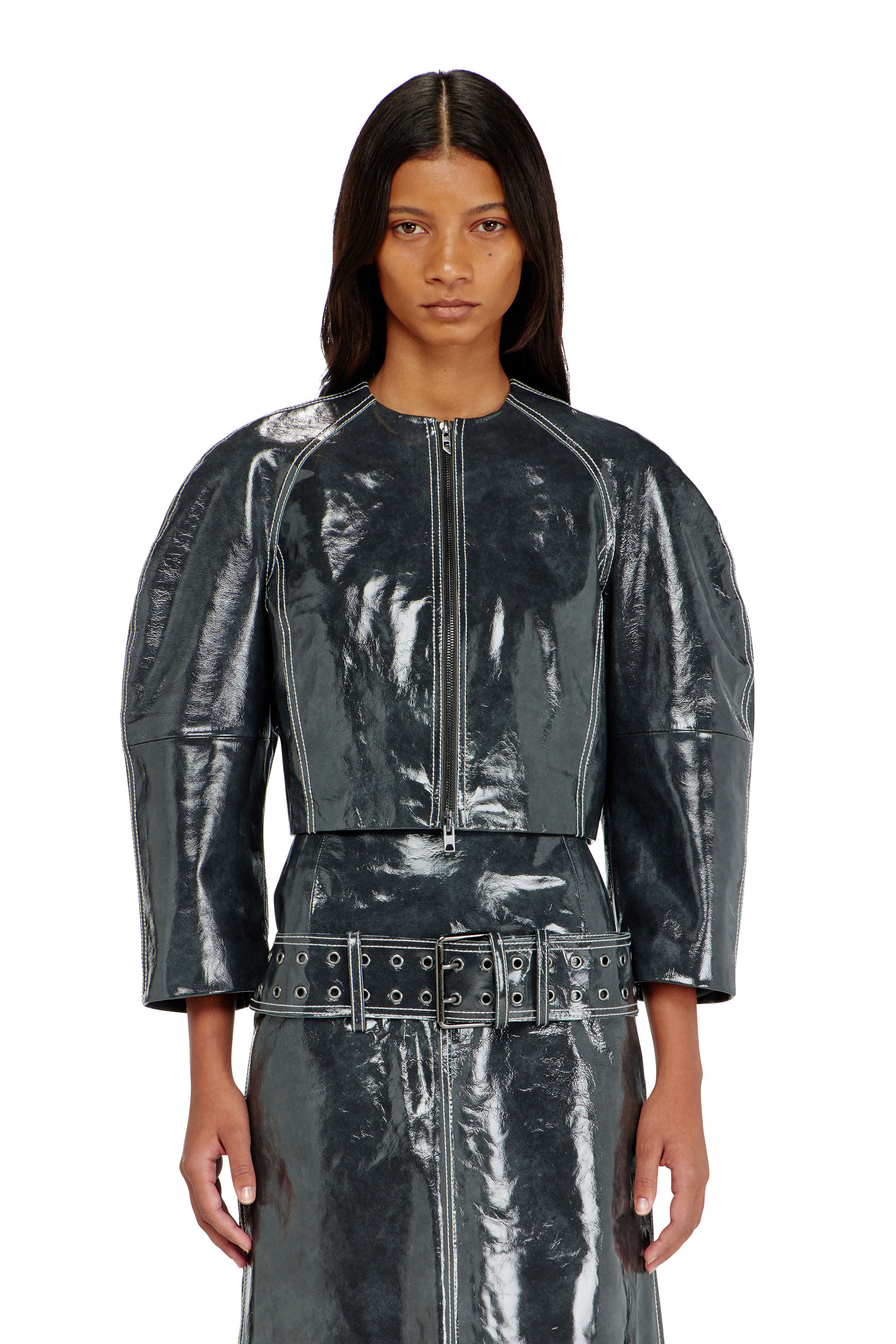 Diesel - L-ANDON, Woman's Patent-leather jacket with cocoon sleeves in Dark grey - 1