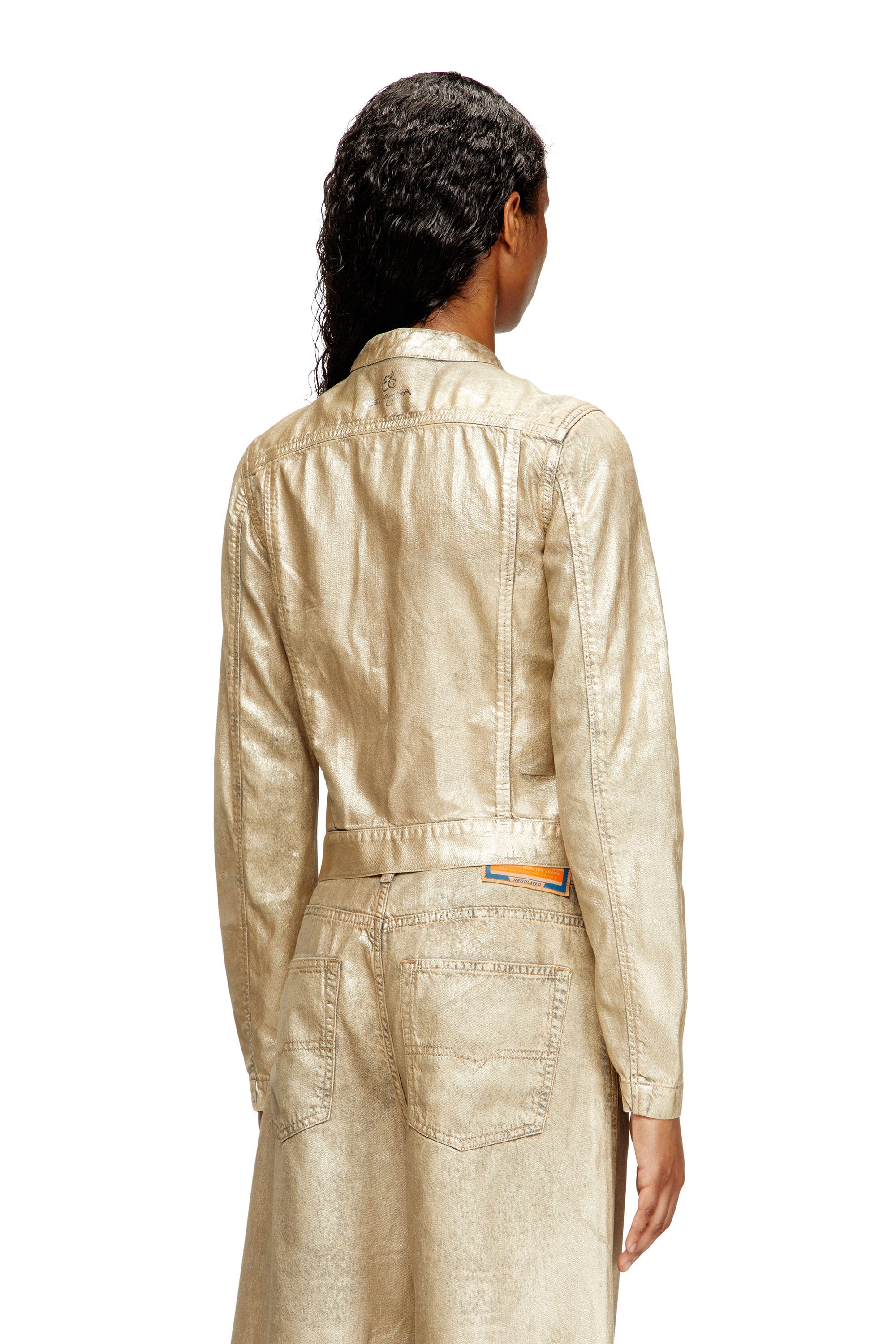 Diesel - DE-MORNIN-KG, Woman's Moto jacket in distressed metallic denim in Gold - 4