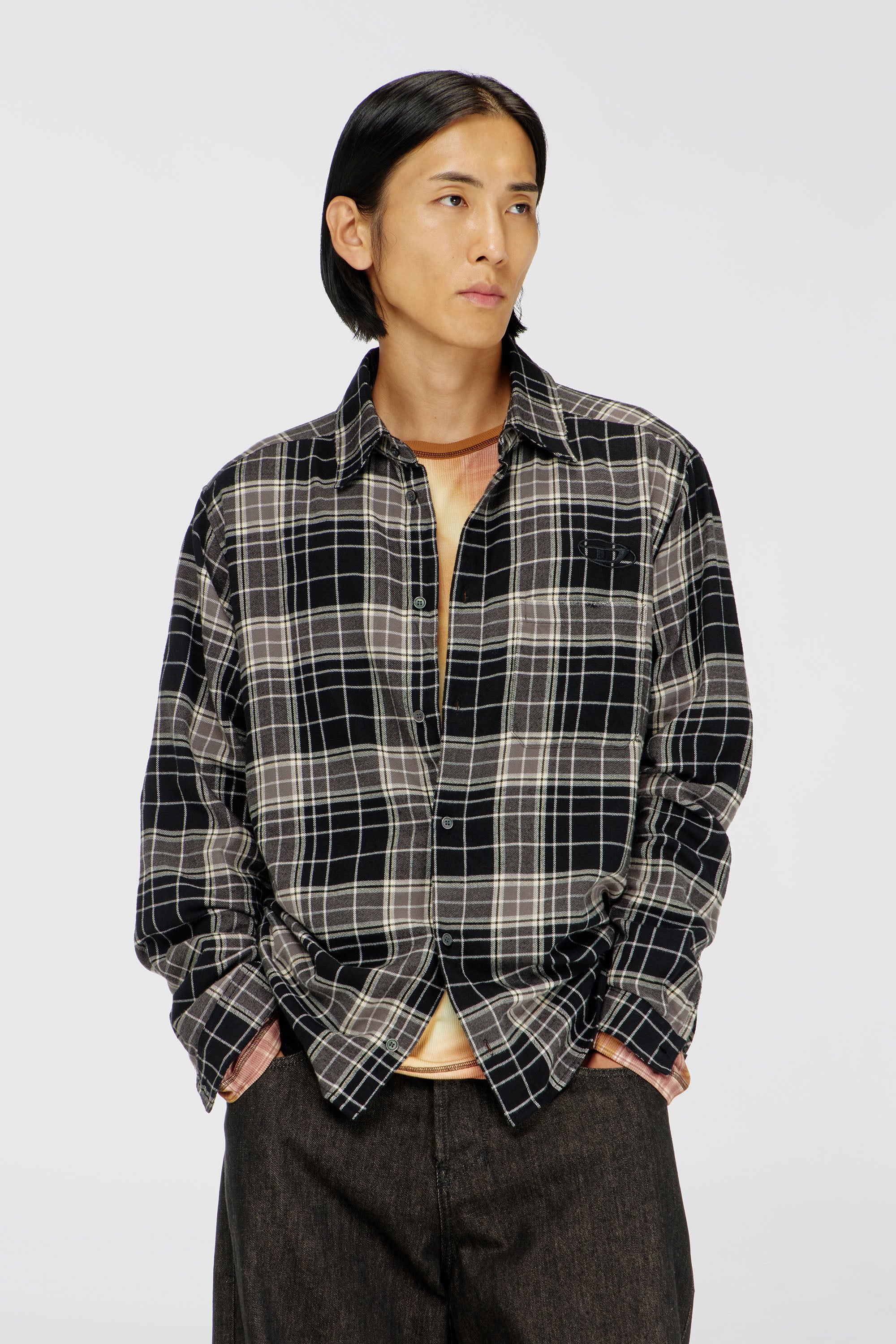 Diesel - S-SIMPLY-HNBI, Man's Distressed shirt in check flannel in Beige/Black - 1
