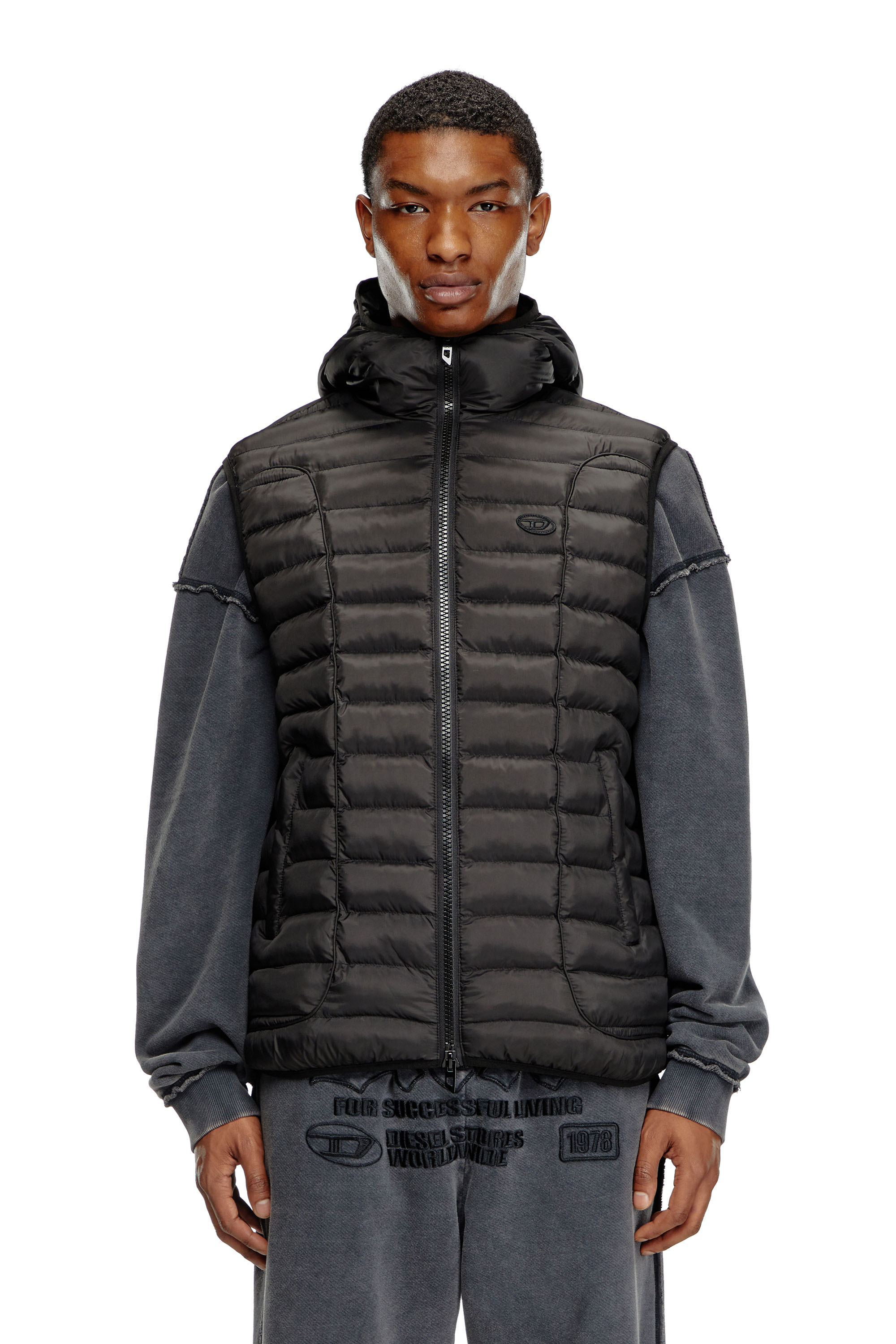 Diesel - W-TEMPLE, Man's Hooded puffer vest in light nylon in Black - 1