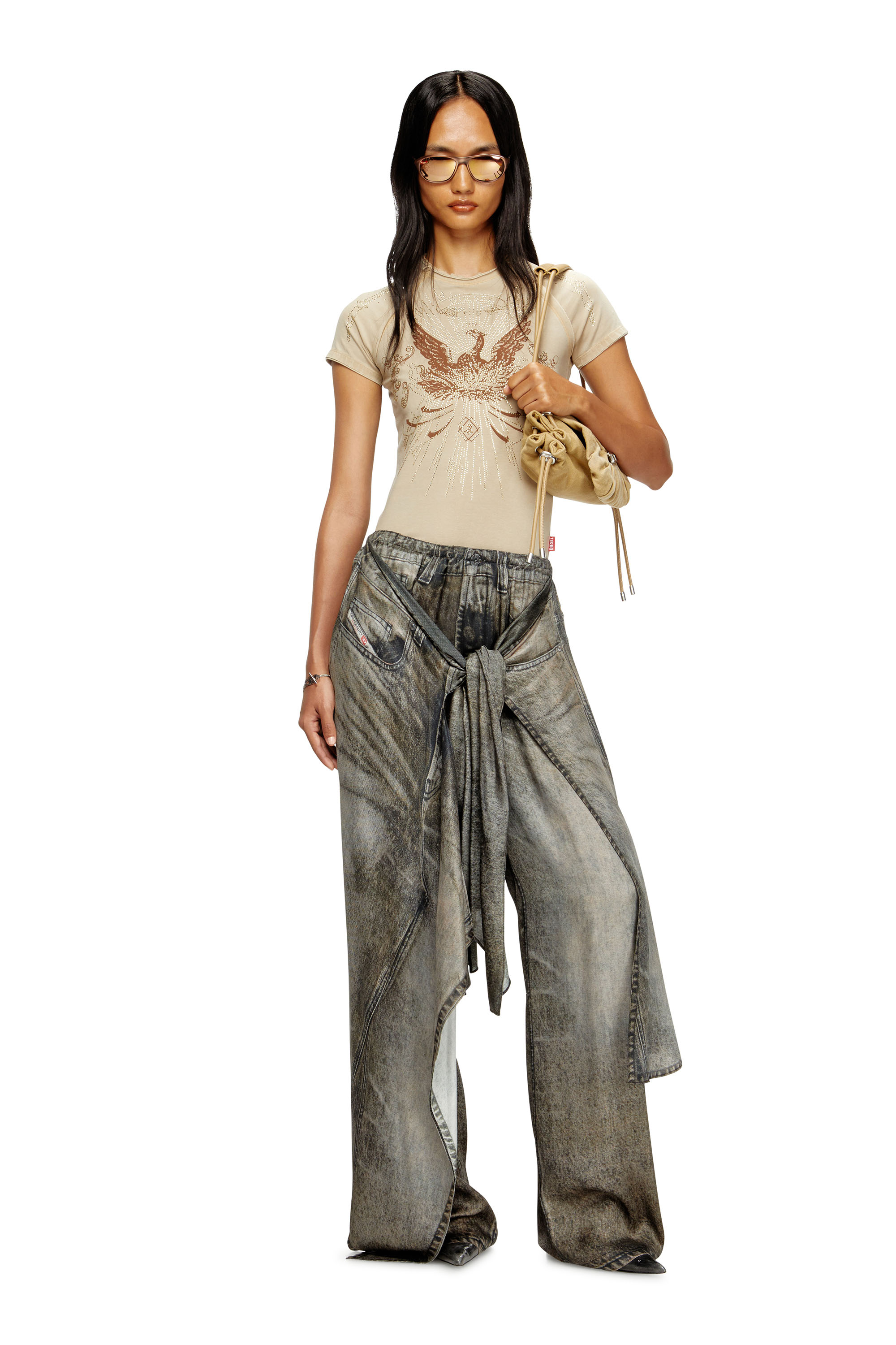 Diesel - T-ROWEENA, Woman's Phoenix T-shirt with rhinestones in Light Brown - 1