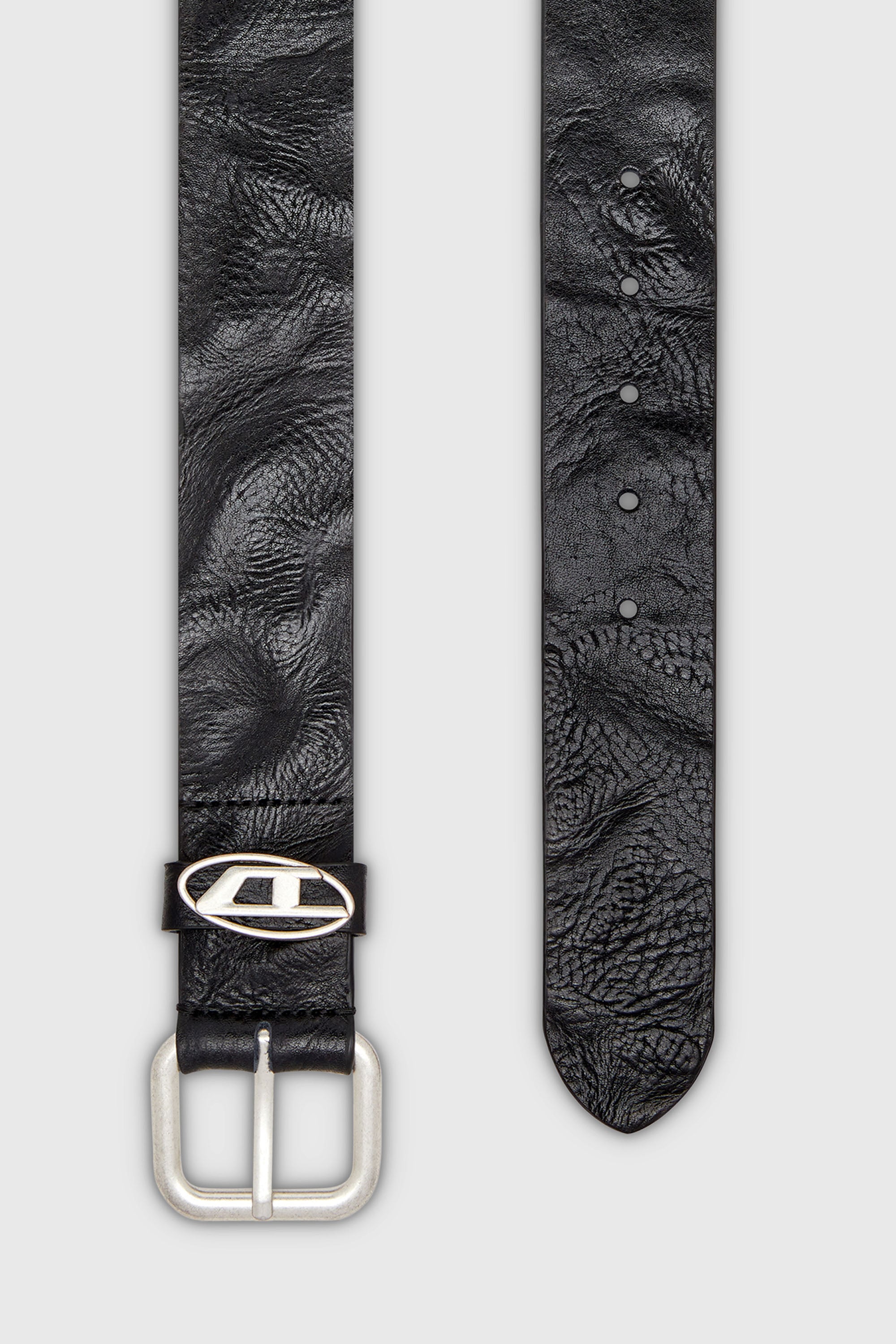 Diesel - B-1DR OVAL D LOOP, Unisex's 3.9cm logo-plaque wrinkled leather belt in Black - 2
