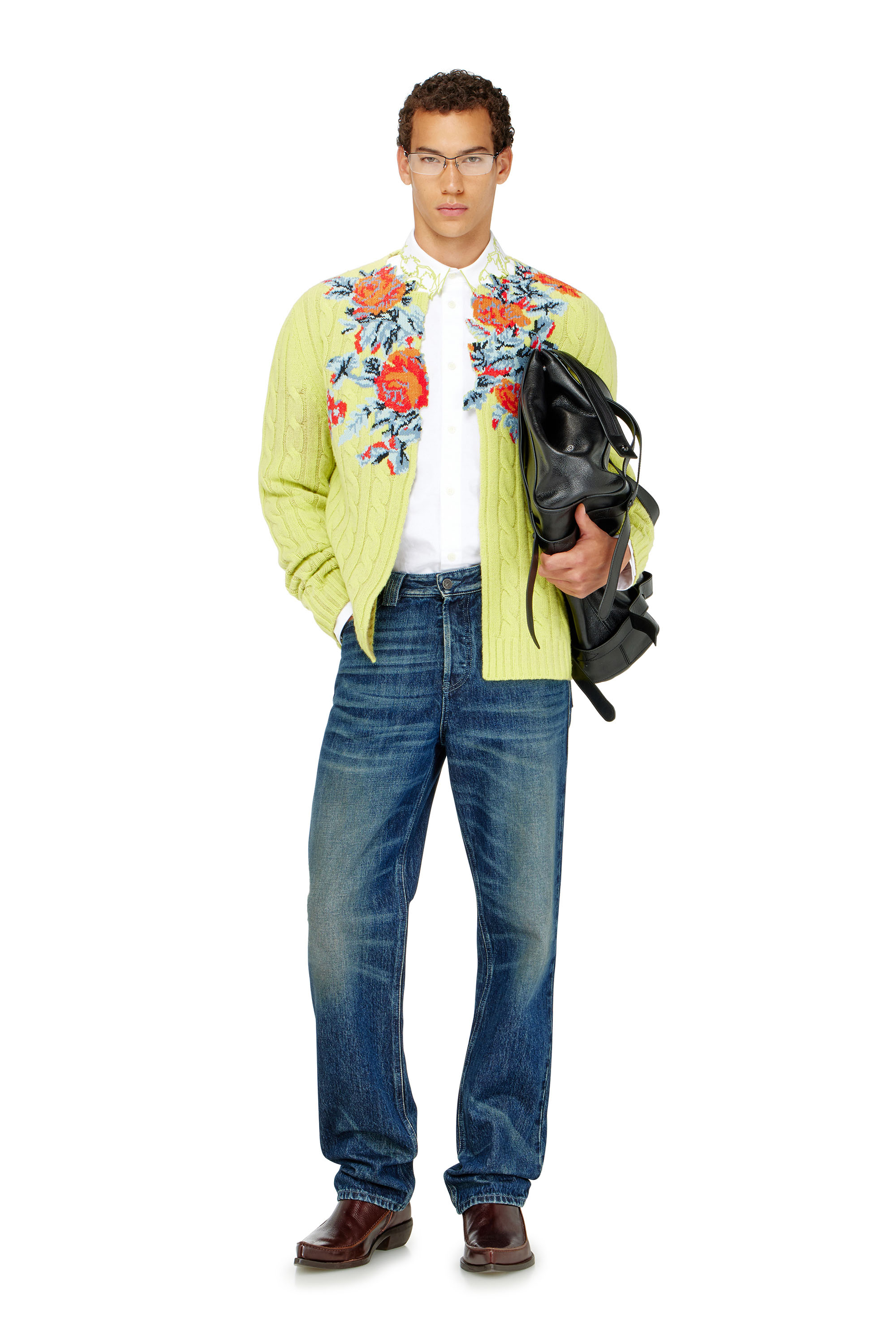 Diesel - K-RINO, Man's Open-front cardigan in floral cable knit in null - 2
