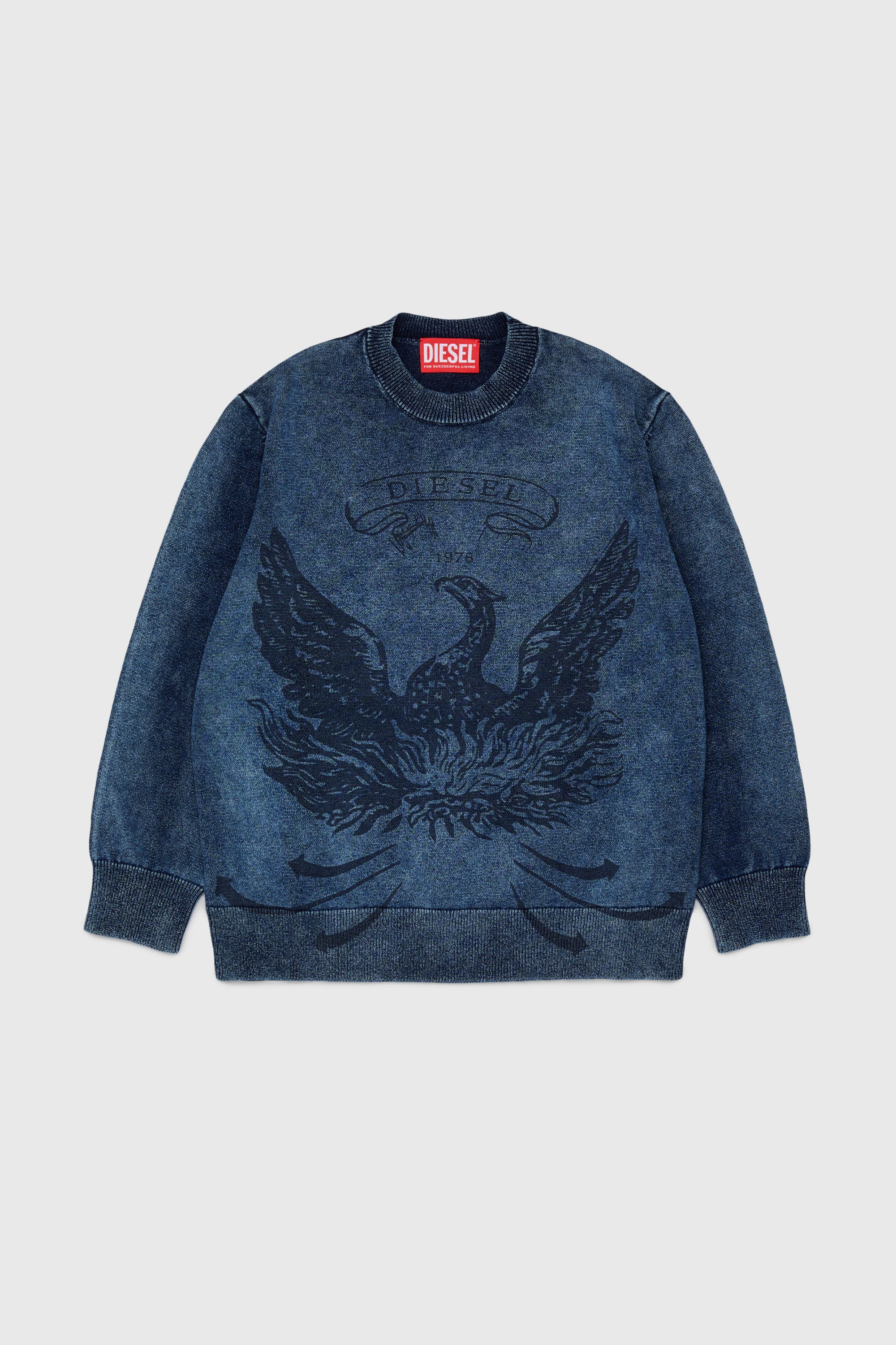 Diesel - KFINNIC OVER, Man's Denim-effect jumper with phoenix motif in Dark Blue - 1