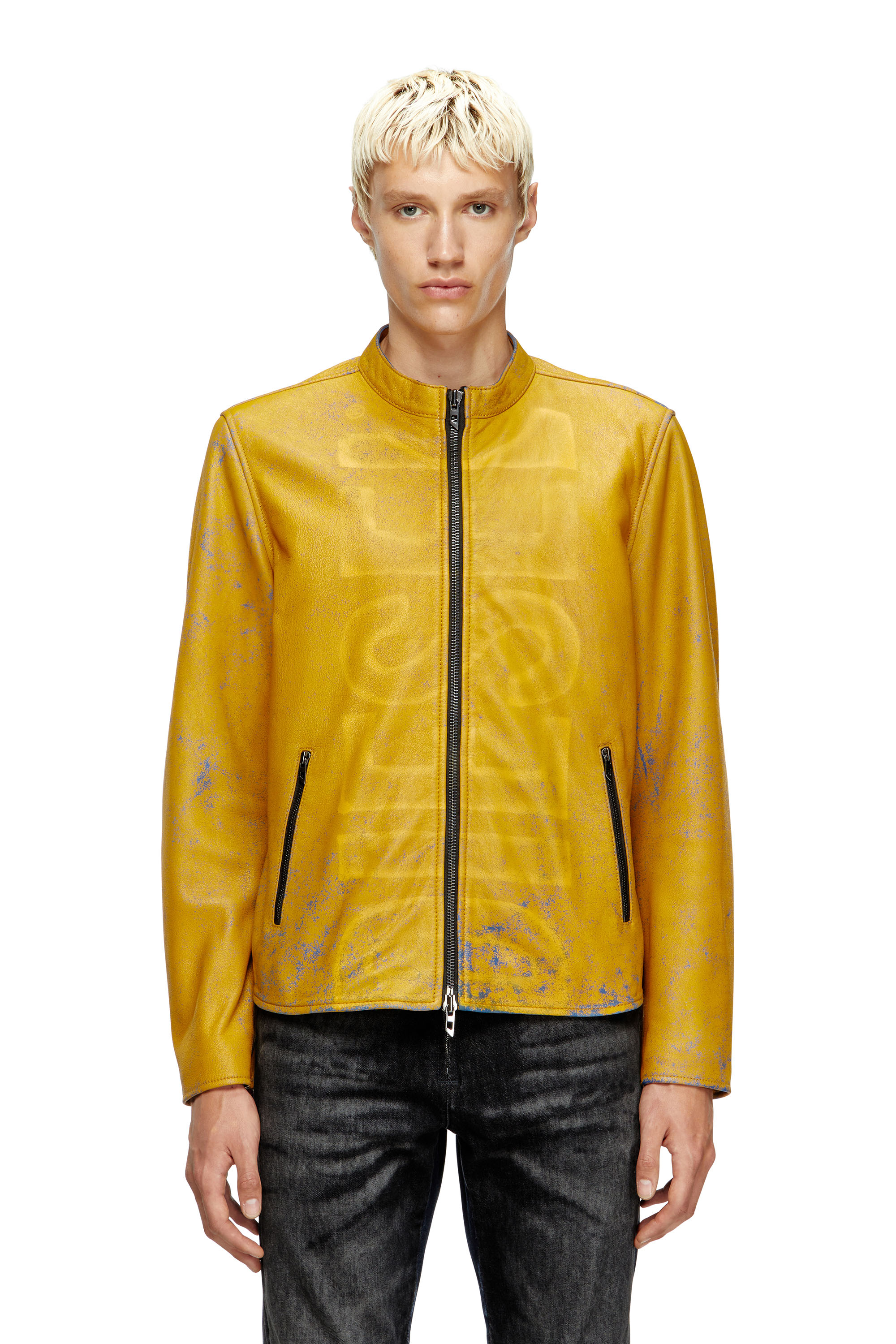 Diesel - L-EVERT-A, Man's Treated leather biker jacket with faded logo in Yellow - 3