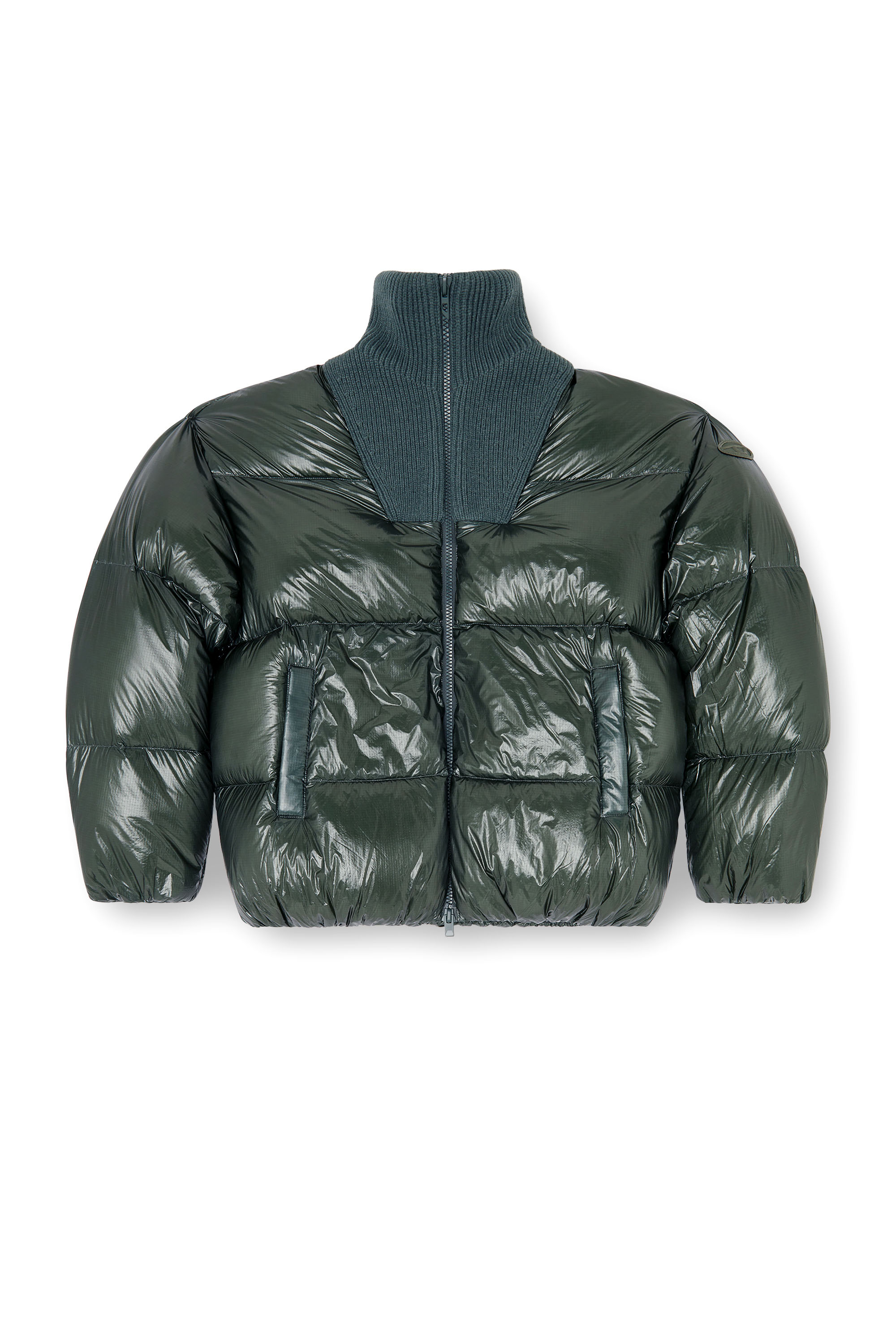 Diesel - W-RIBB, Man's Down puffer jacket in ripstop with ribbed collar in Dark Green - 3