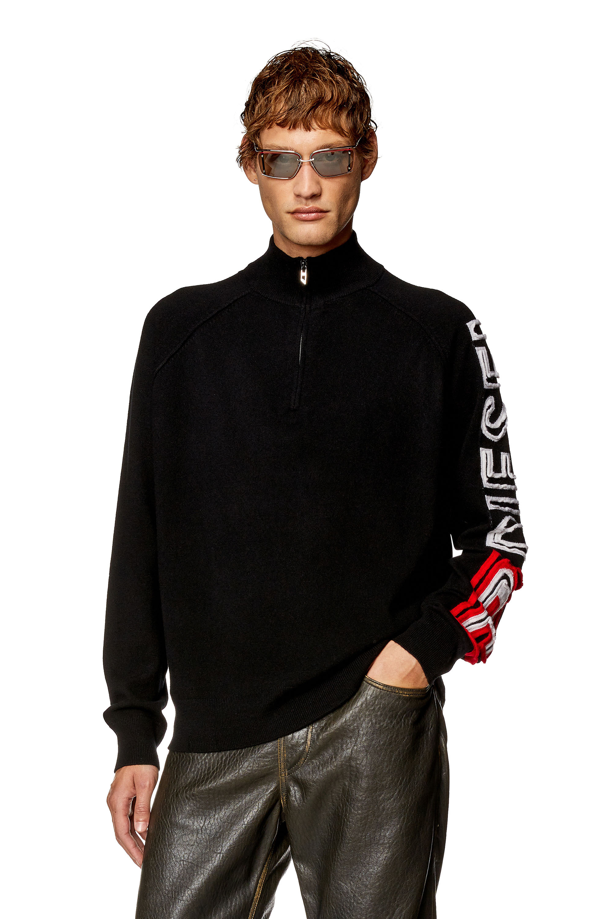 Diesel - K-STELVIO, Man Half-zip jumper with peel-off intarsia logo in Black - Image 1