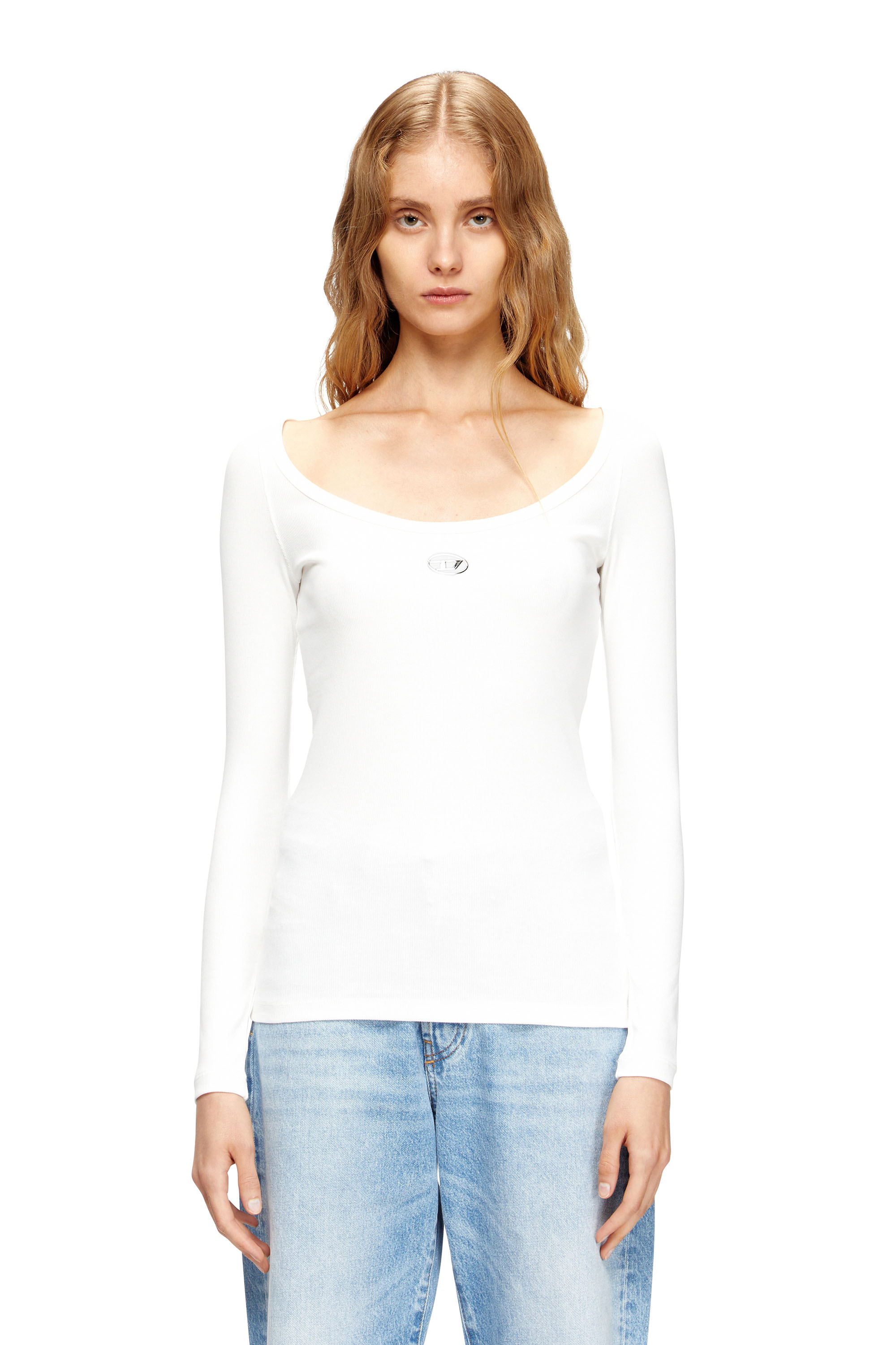 Diesel - T-BAL-OD, Woman's Long sleeve ribbed top with metallic Oval D in White - 3