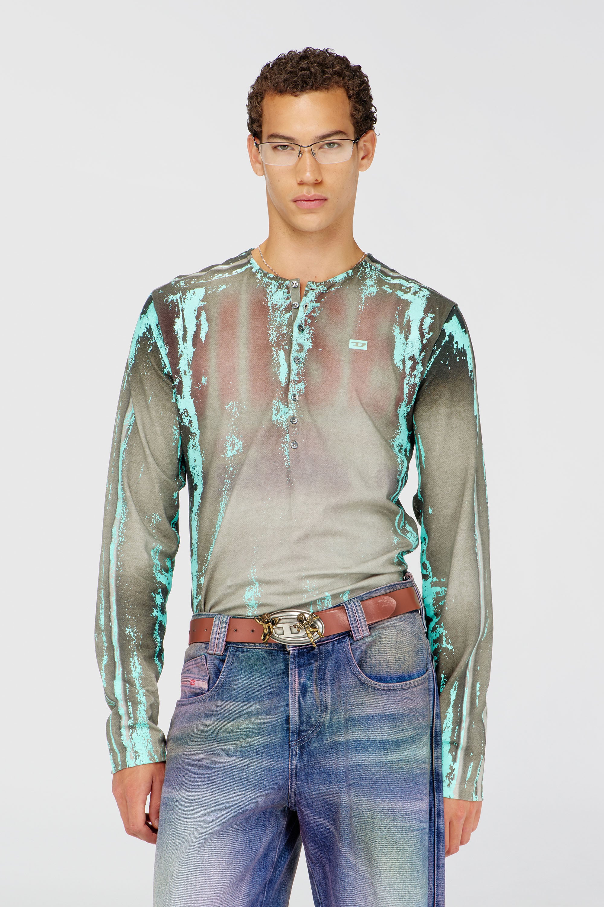 Diesel - T-FYNO-ML, Man's Grandad T-shirt in cracked leather-effect jersey in Grey/Blue - 2