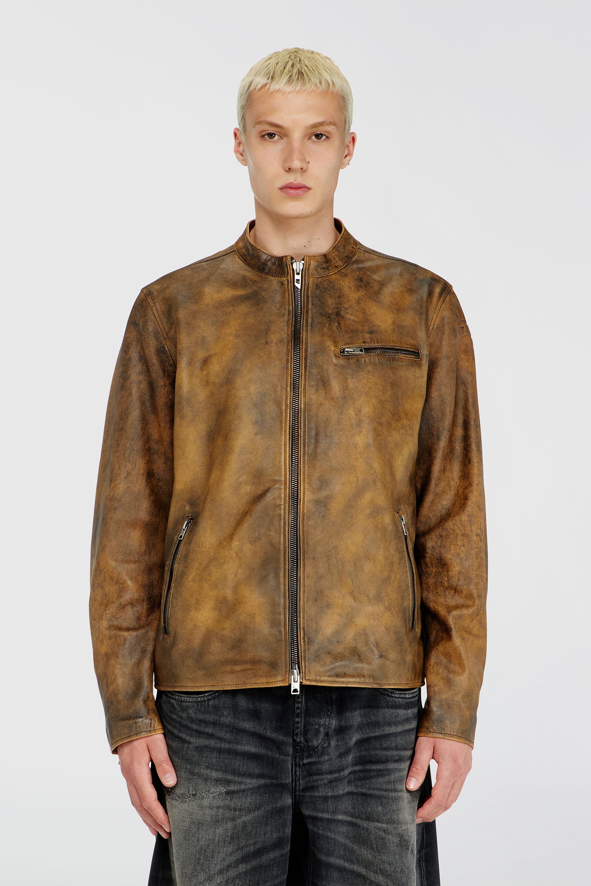 Diesel - L-ZAD-KNCZ, Man's Biker jacket in treated leather in Light Brown - 1
