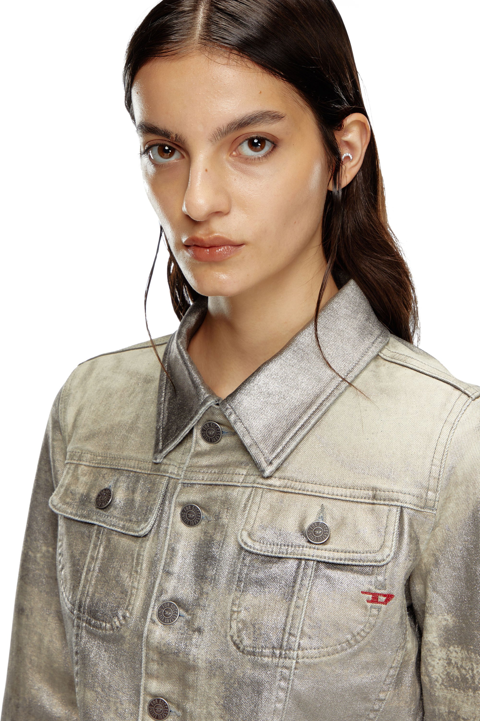 Diesel - DE-SLIMMY-S1, Woman's Trucker jacket in shiny denim canvas in Grey - 5