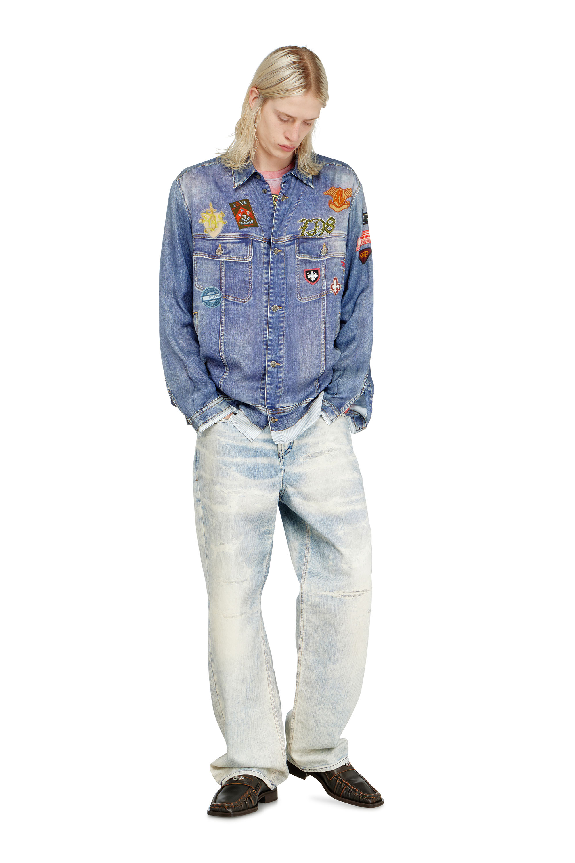 Diesel - S-SIMPLY-PATCH, Man's Satin shirt with trompe-l'oeil denim print in null - 5