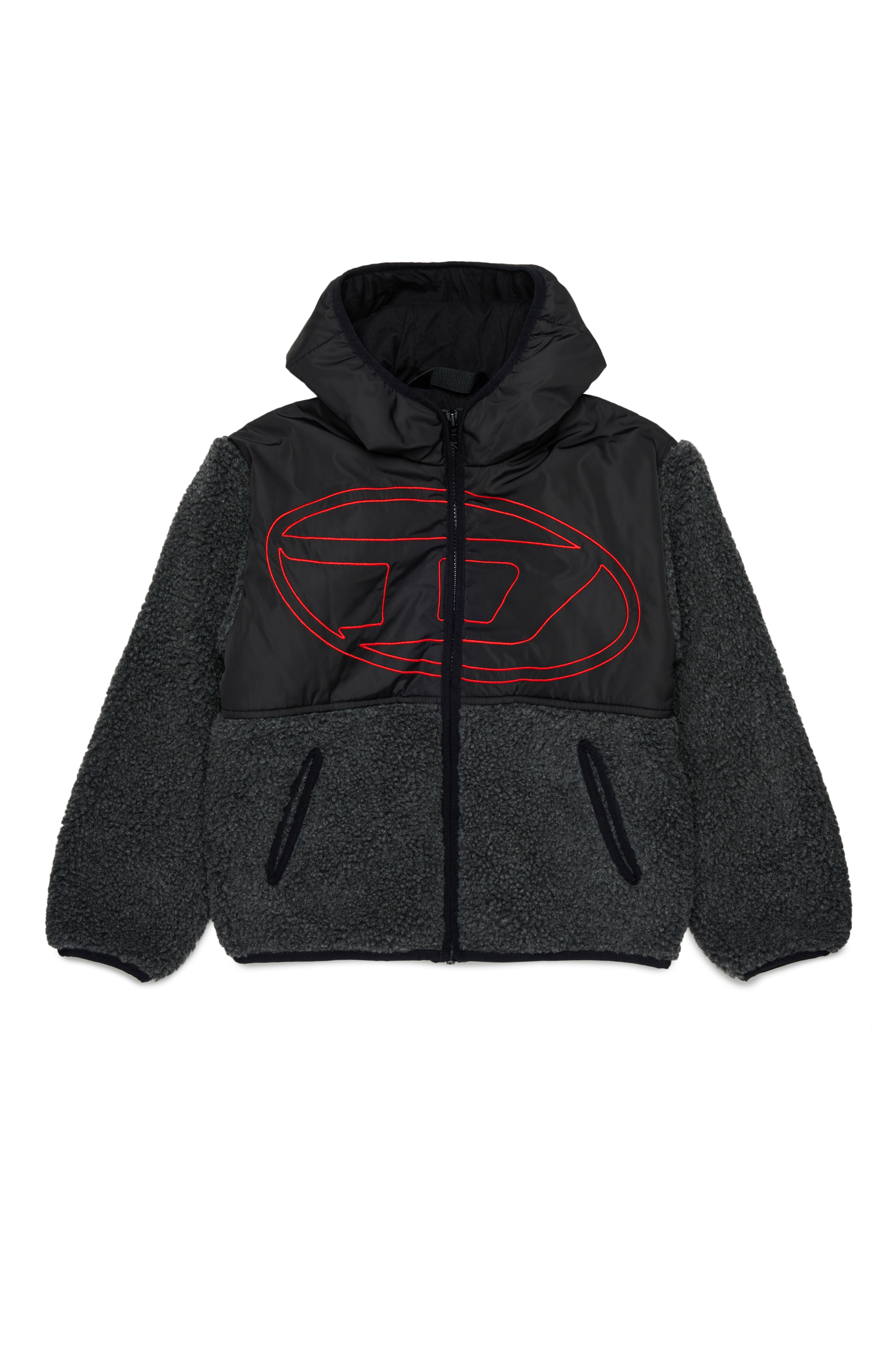Diesel - JSHEAR, Man's Hooded jacket in nylon and teddy fleece in Black - 1
