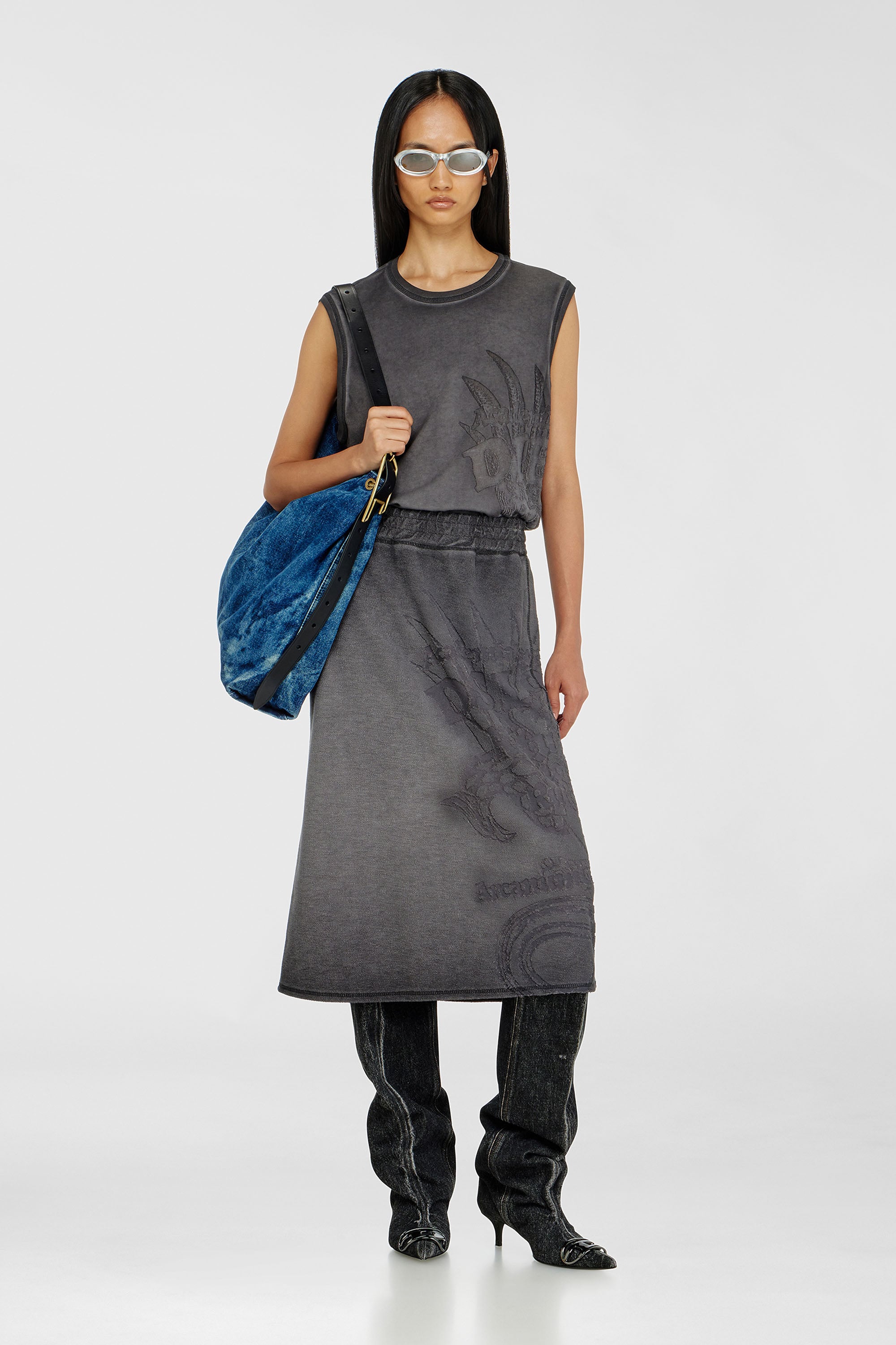 Fleece midi skirt with d&eacute;vor&eacute; print