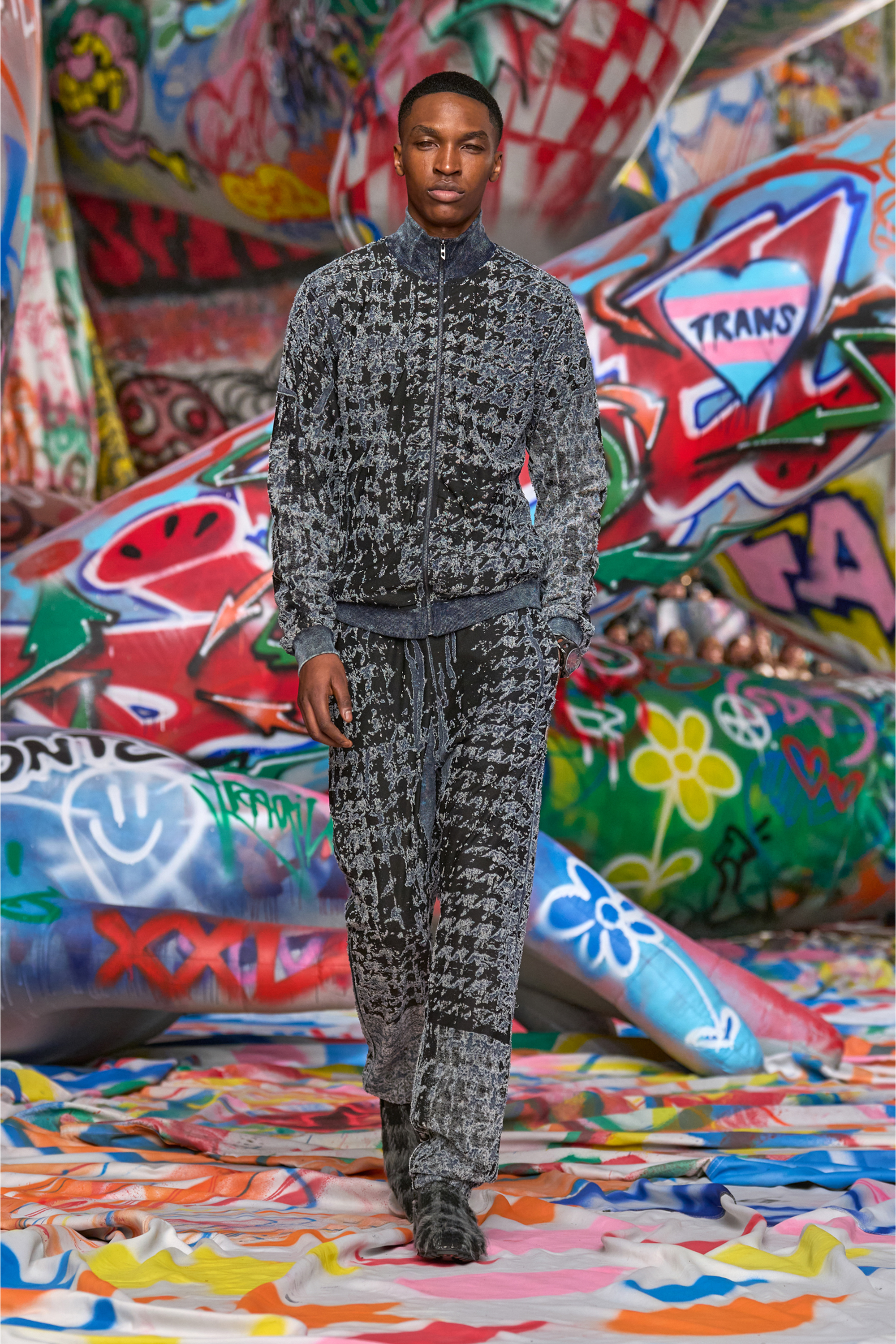 Diesel - S-CORR, Man's Devoré houndstooth zip-up top in Black/Blue - 6